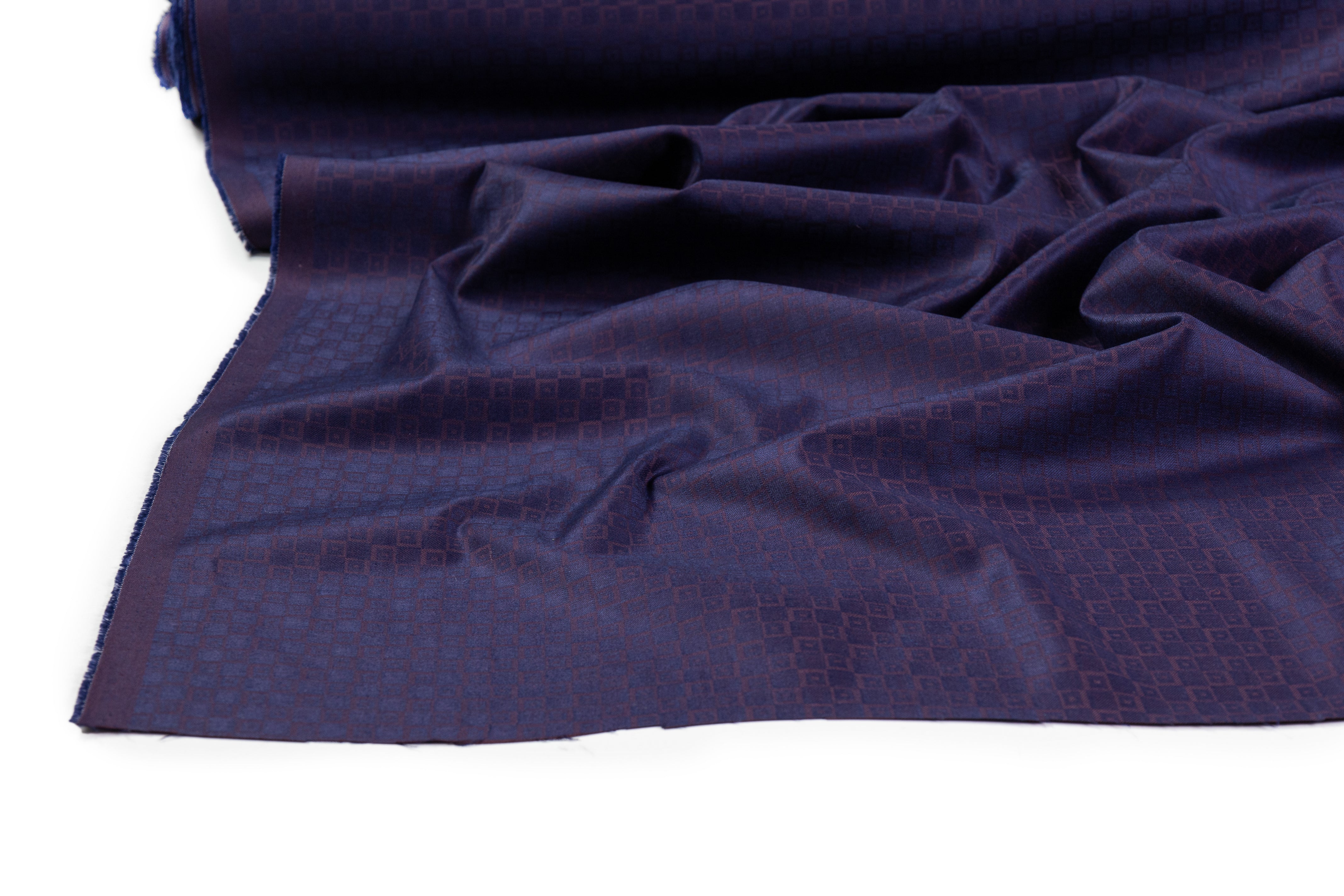 Geometric Italian Wool Viscose Jacquard Suiting - Navy / Plum