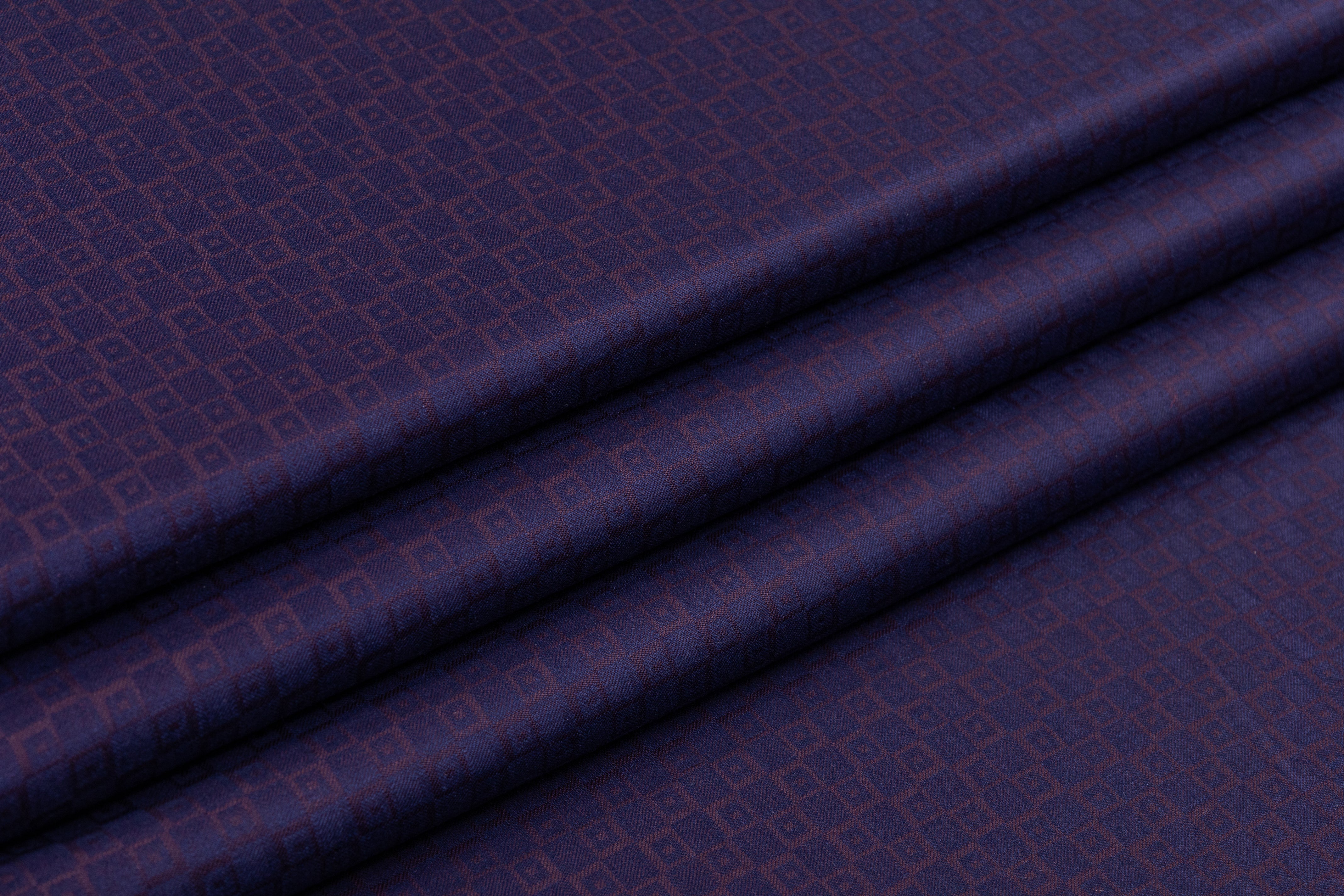 Geometric Italian Wool Viscose Jacquard Suiting - Navy / Plum