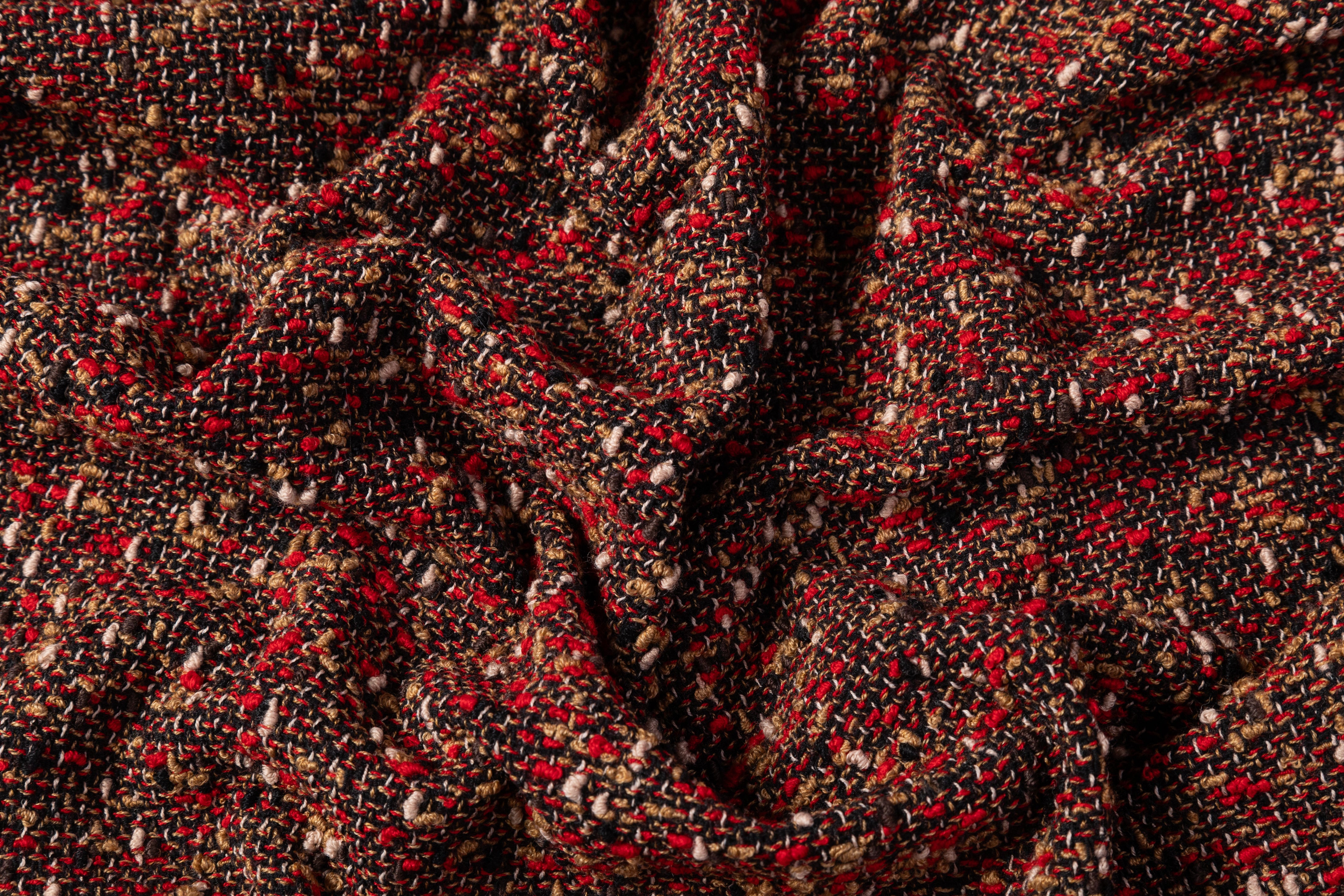 Italian Wool Blend Tweed Boucle - Red / Brown / Black