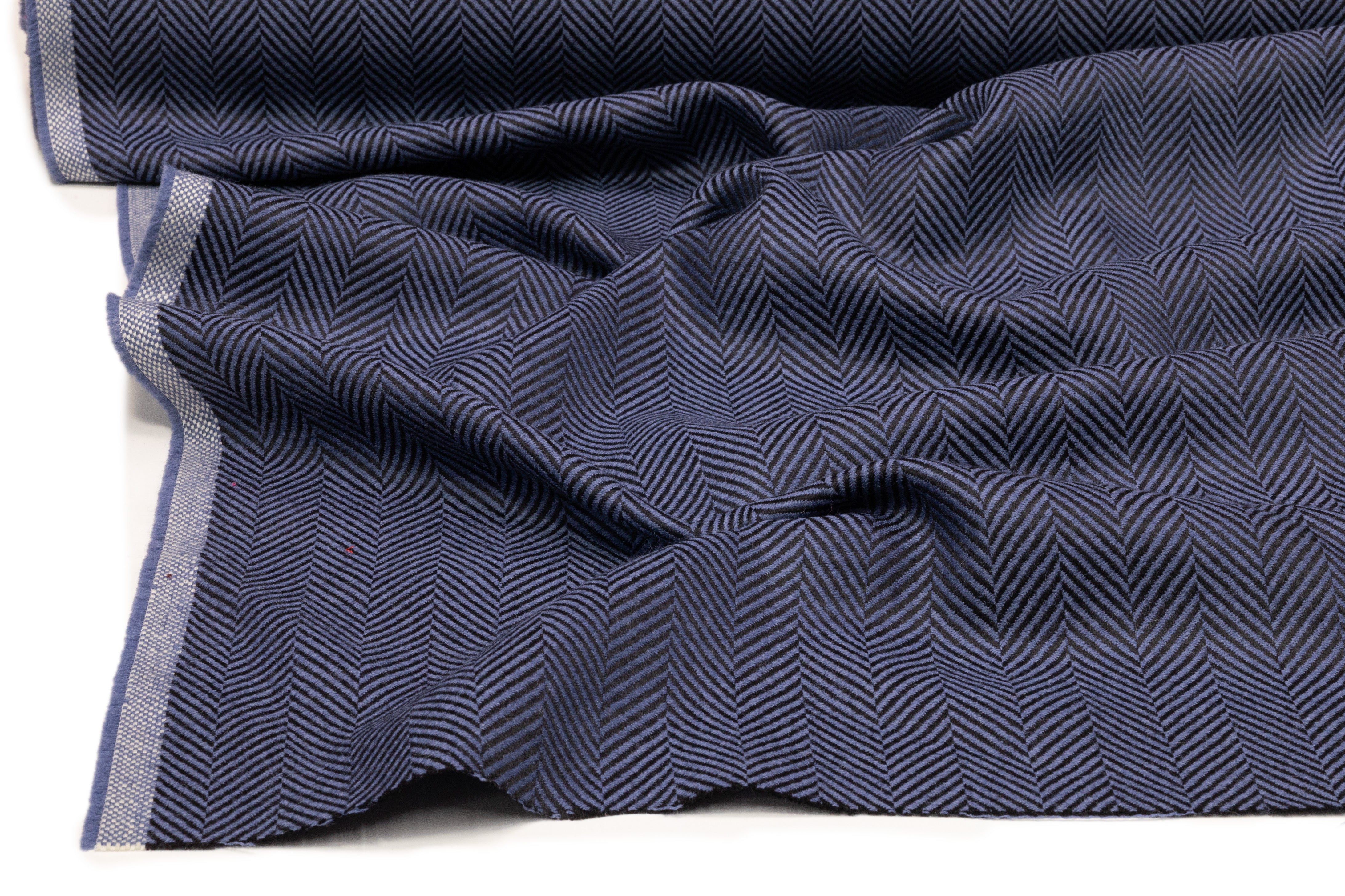 Herringbone Italian Wool Suiting - Steel Blue / Black