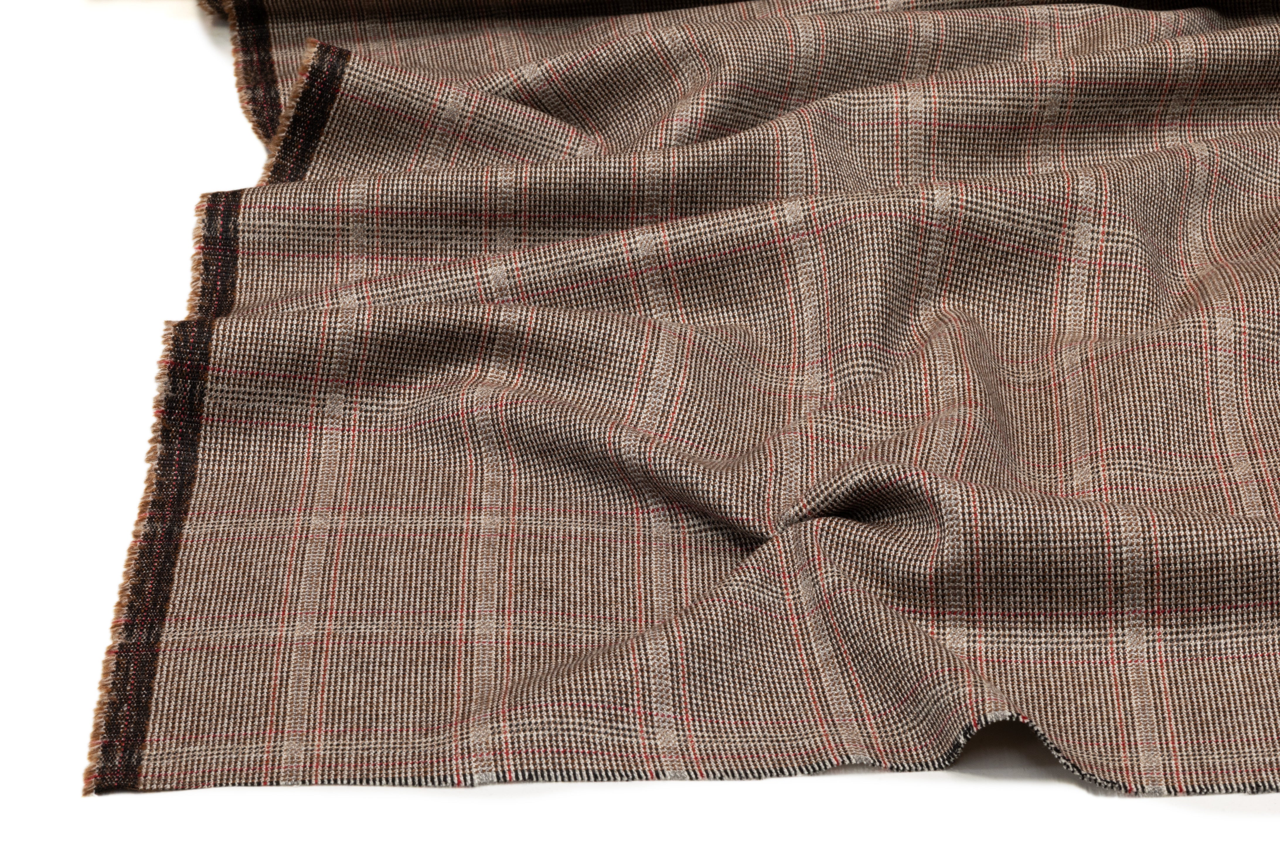 Checked Italian Wool Suiting - Taupe Brown / Red
