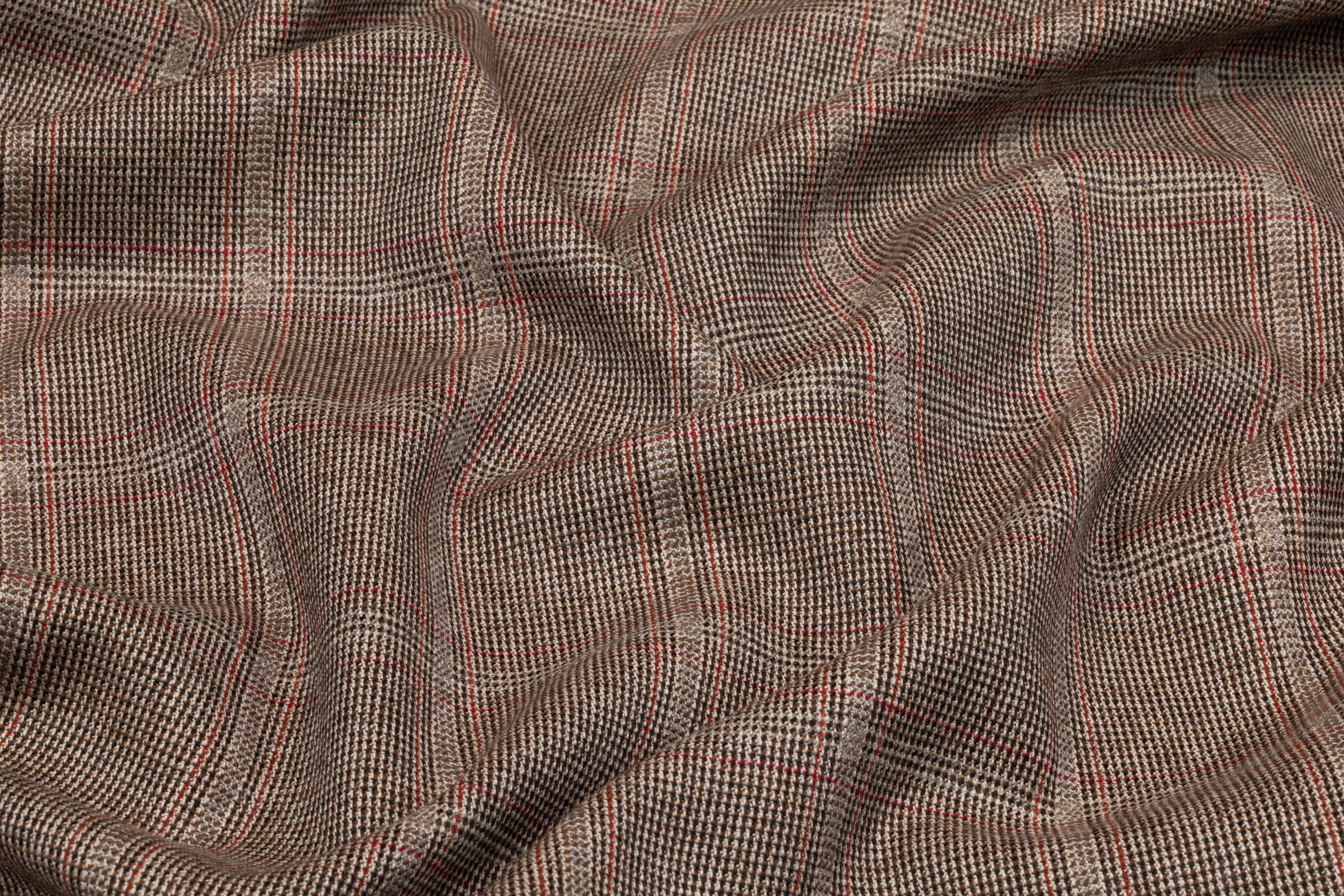 Checked Italian Wool Suiting - Taupe Brown / Red