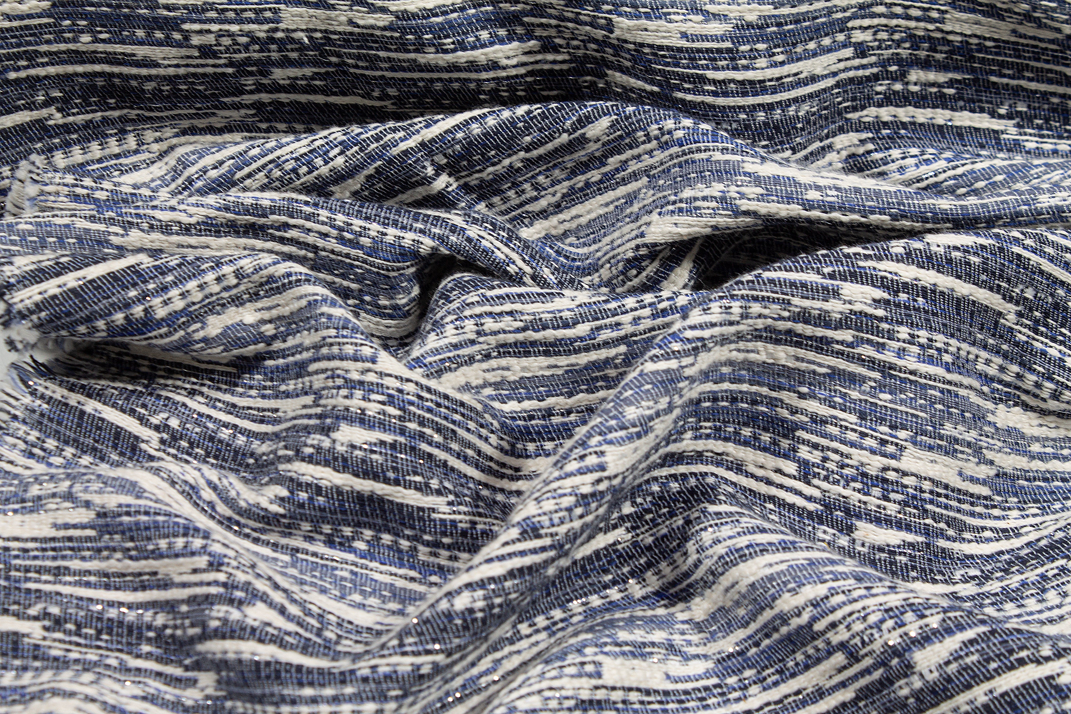 Metallic Poly Cotton Brocade - Blue, White, Silver