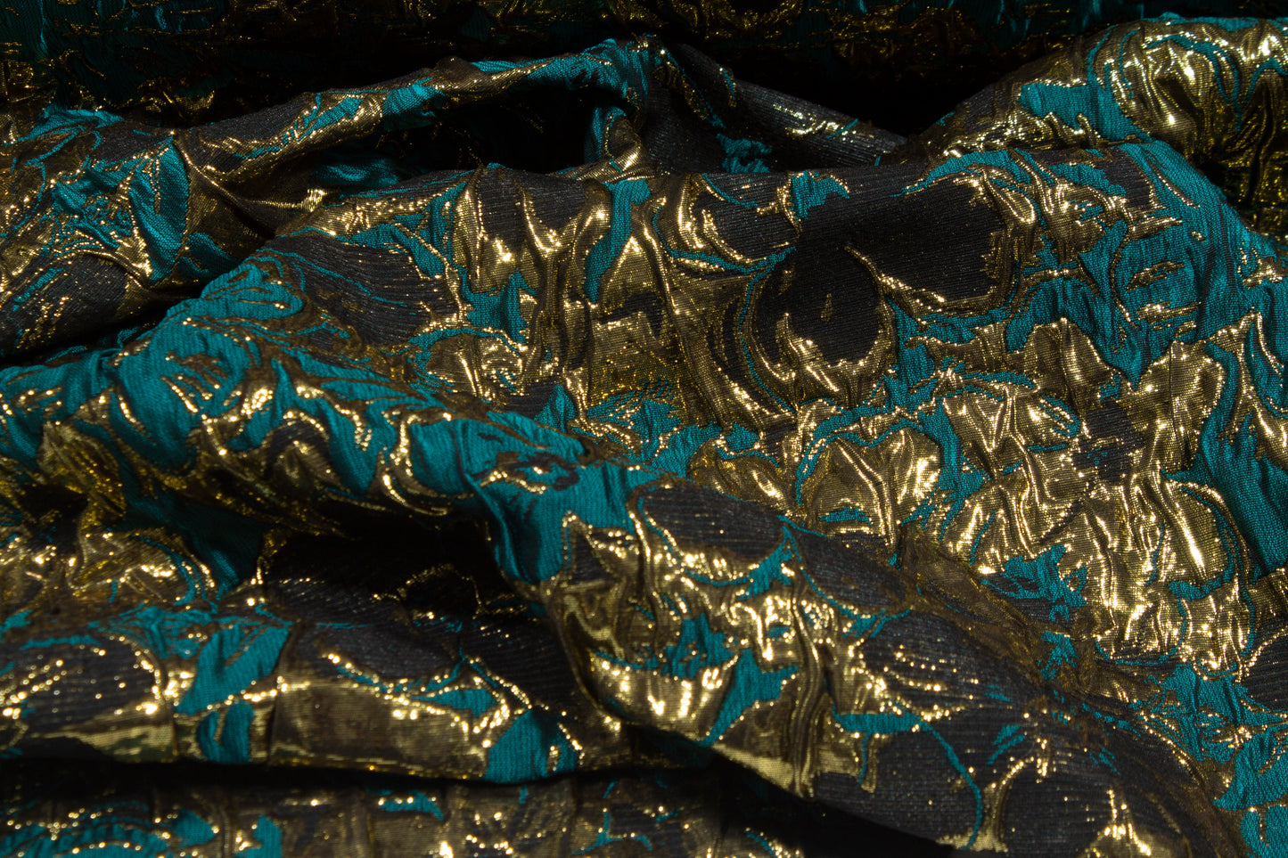 Floral Crushed Metallic Brocade - Teal Green and Gold