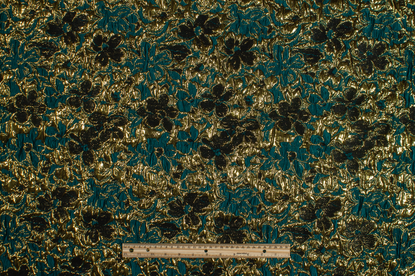 Floral Crushed Metallic Brocade - Teal Green and Gold