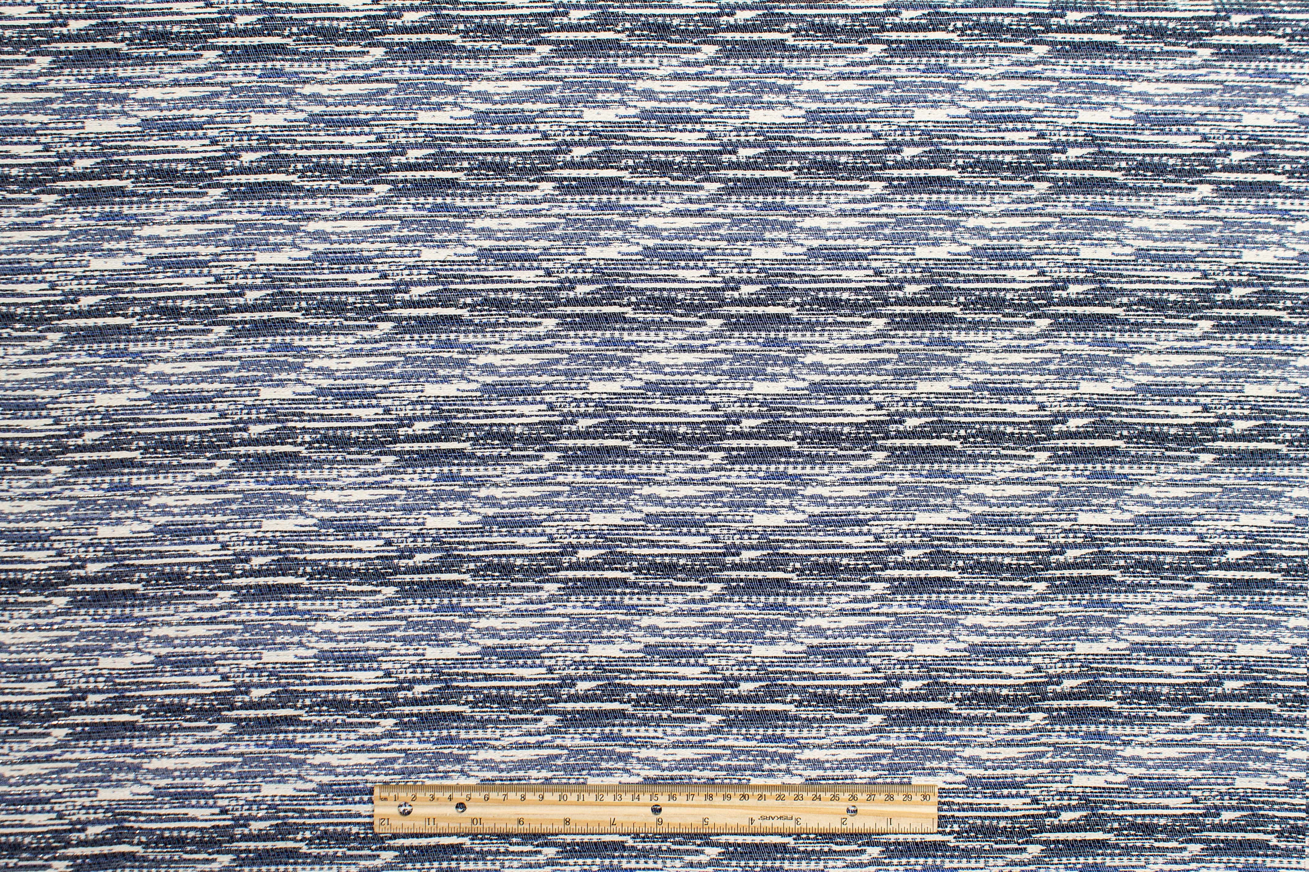 Metallic Poly Cotton Brocade - Blue, White, Silver