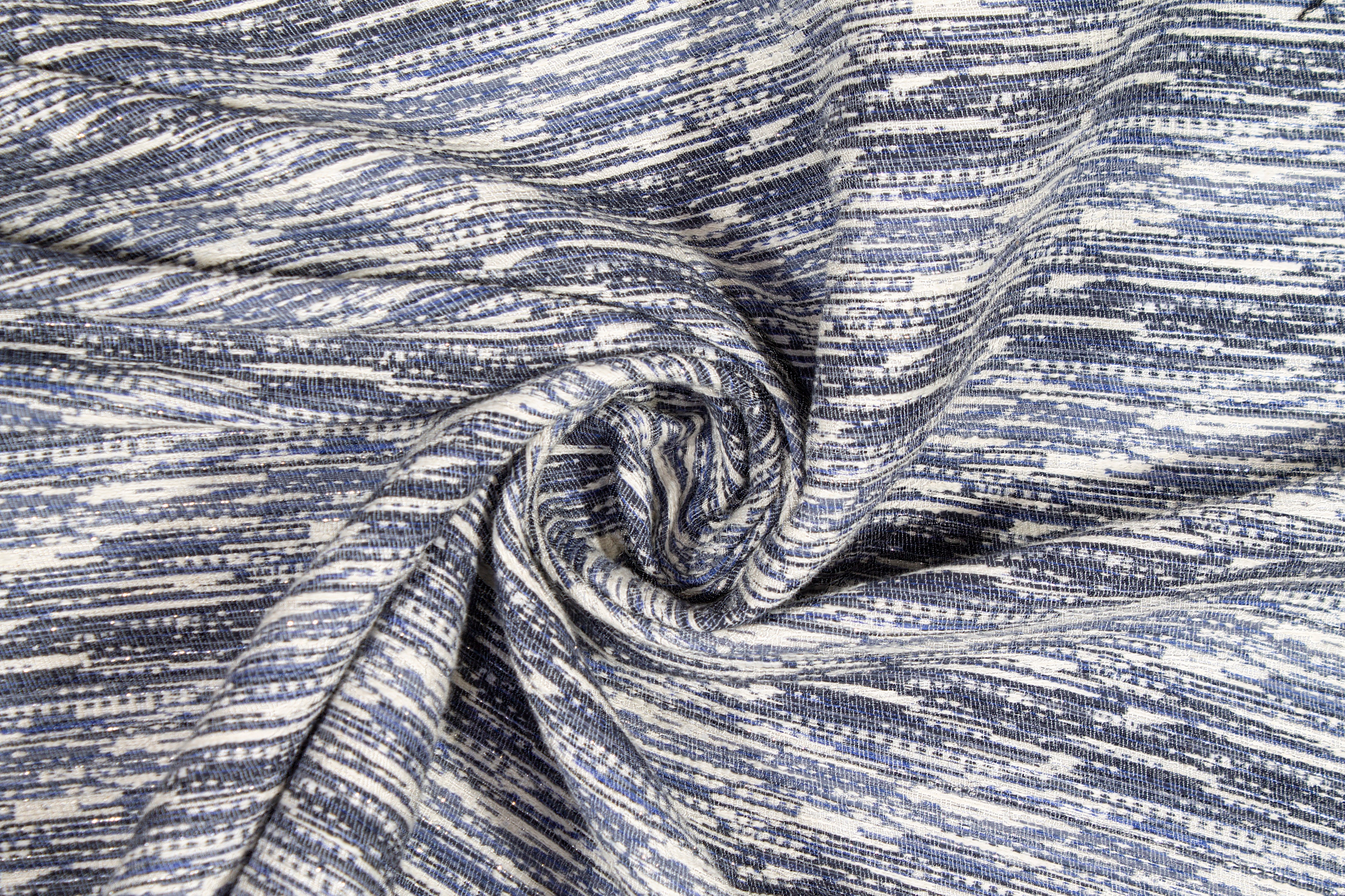Metallic Poly Cotton Brocade - Blue, White, Silver