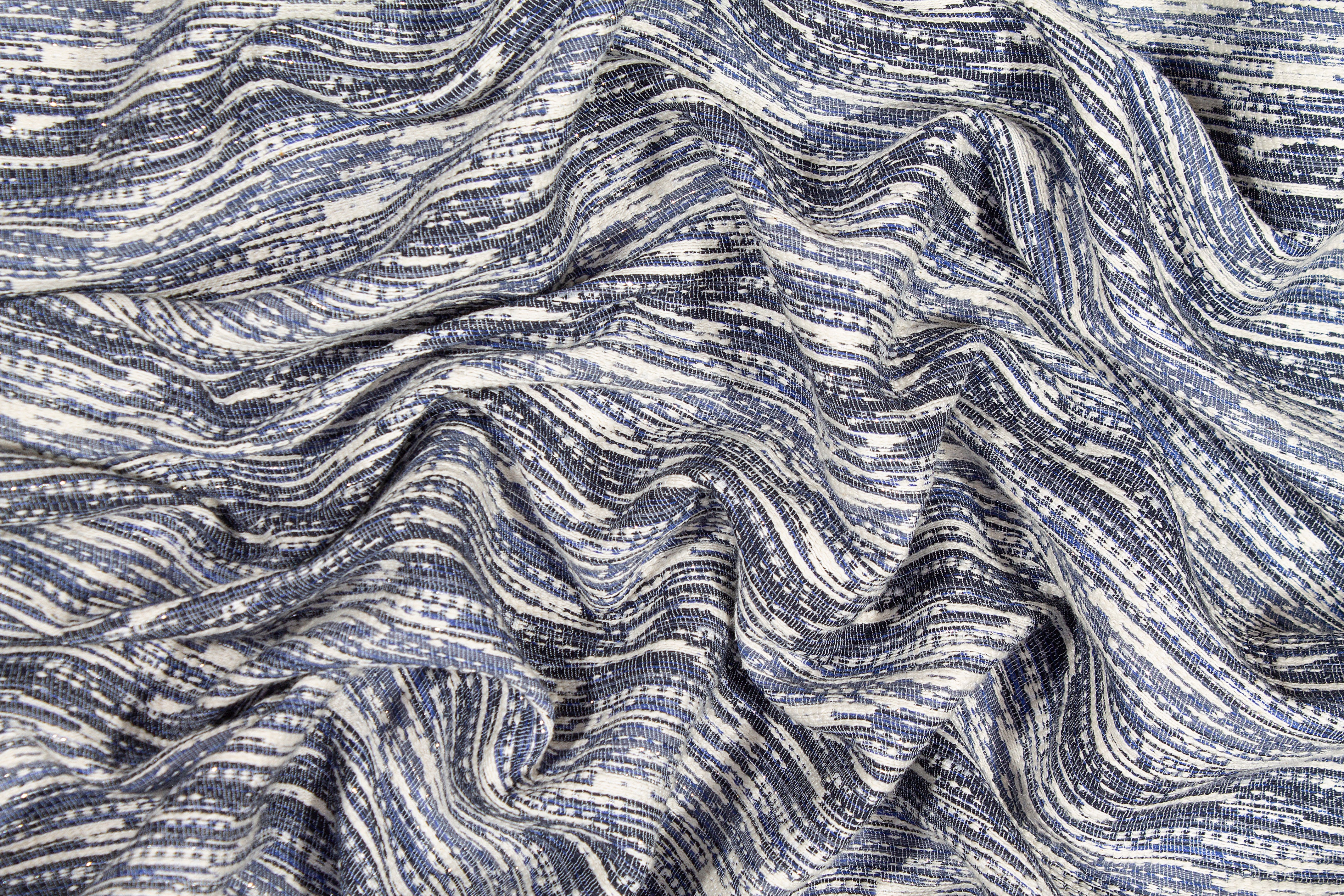 Metallic Poly Cotton Brocade - Blue, White, Silver