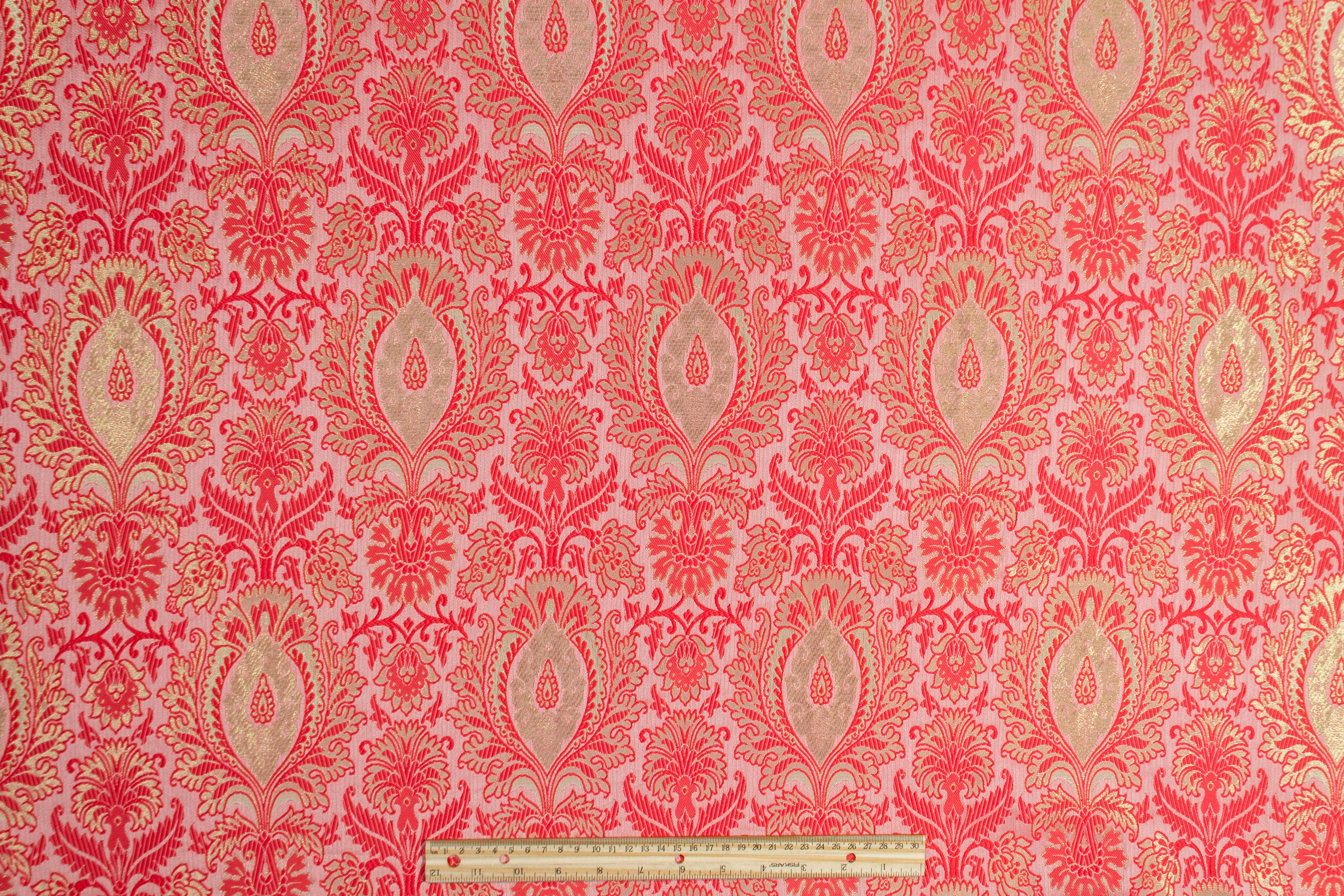 Metallic Damask Brocade - Raspberry Red and Gold