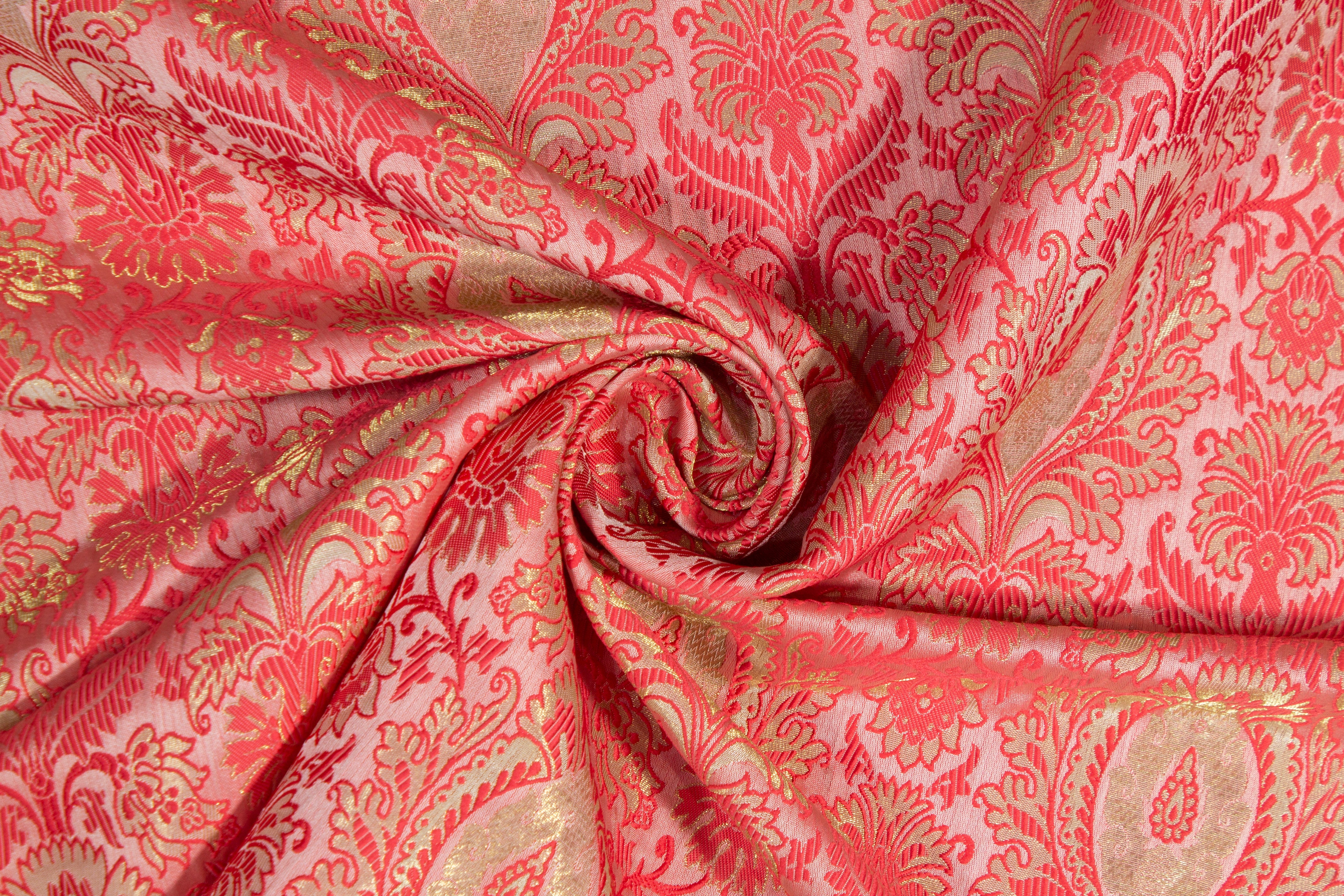 Metallic Damask Brocade - Raspberry Red and Gold