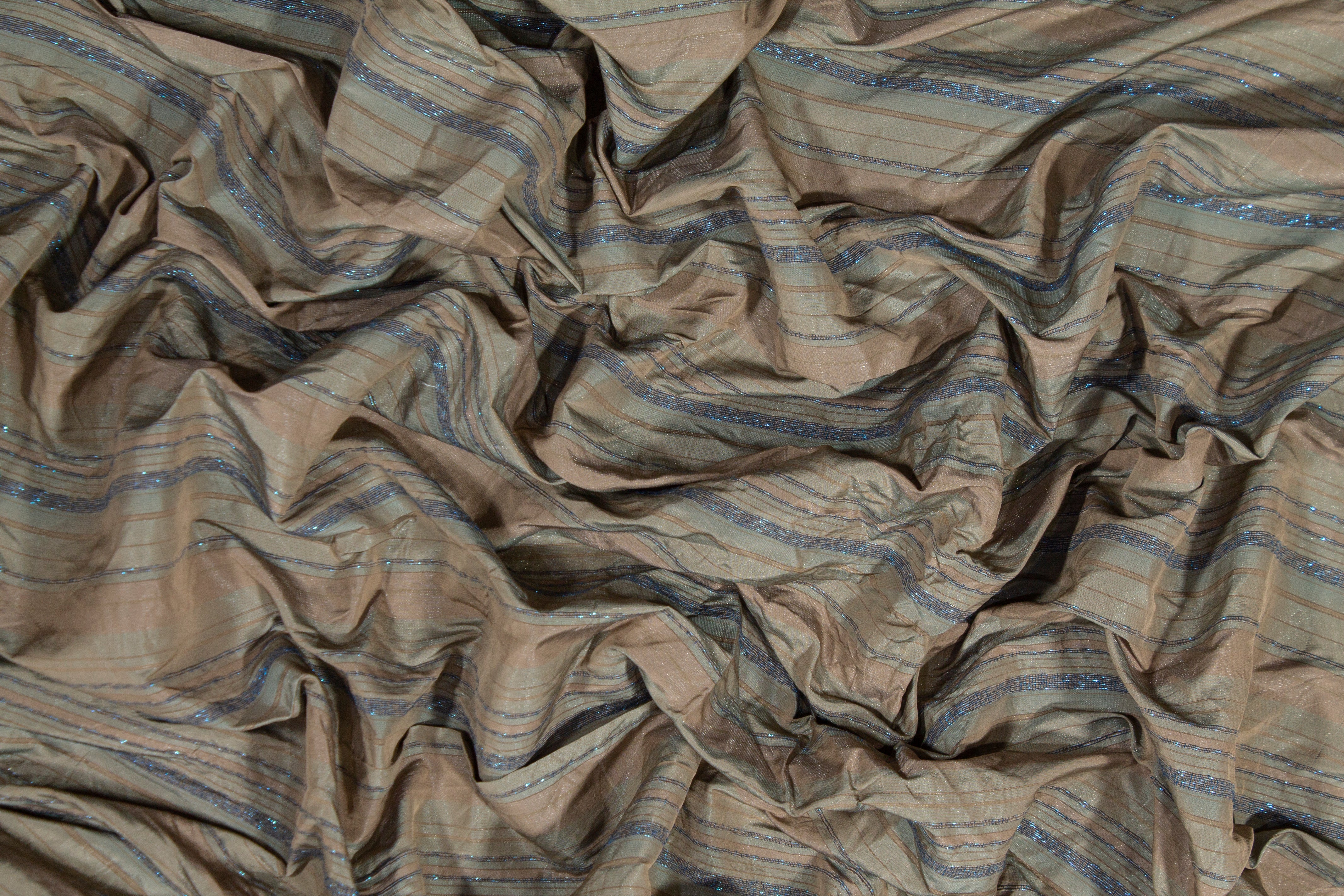 Metallic Striped Taffeta - Khaki and Blue