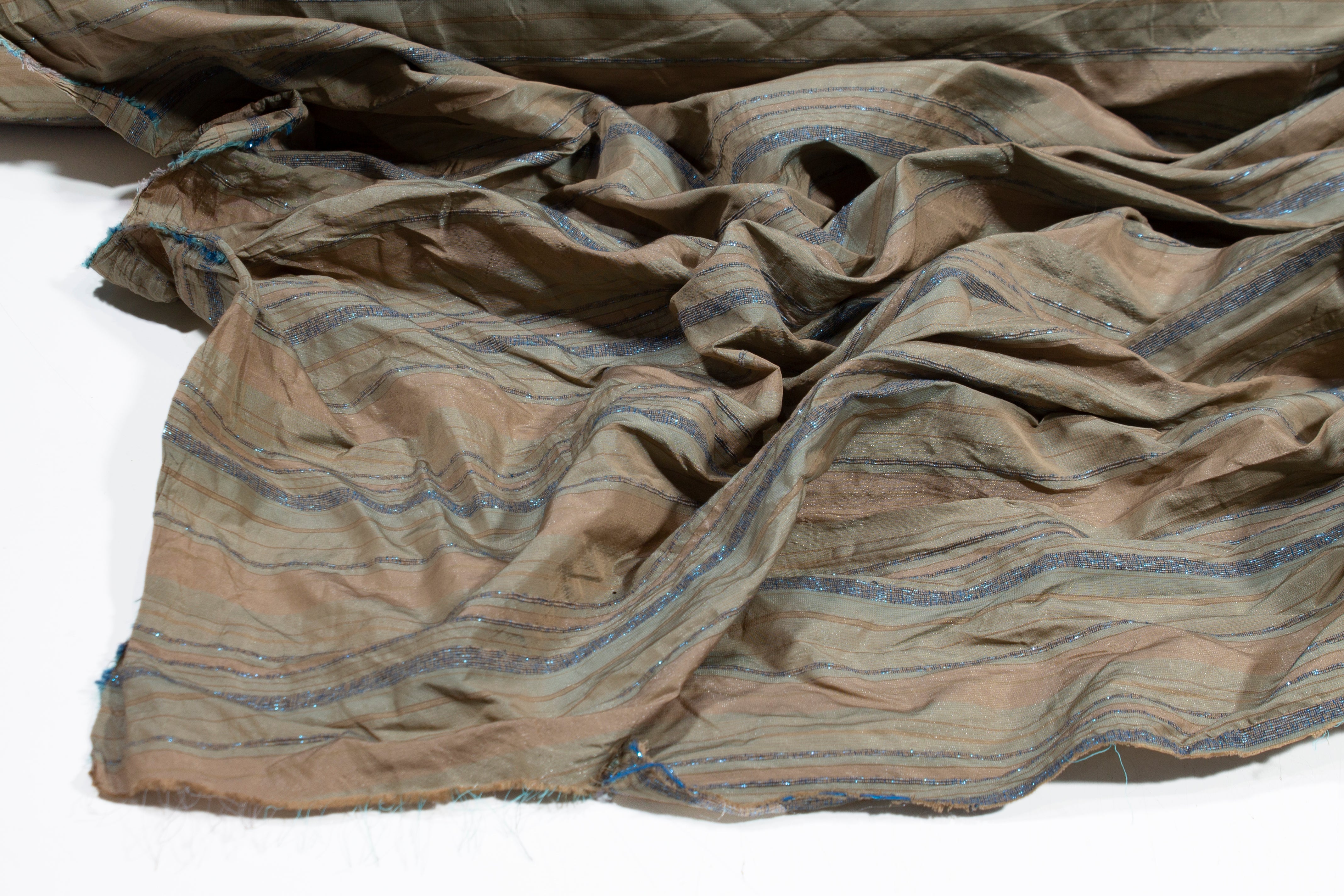Metallic Striped Taffeta - Khaki and Blue