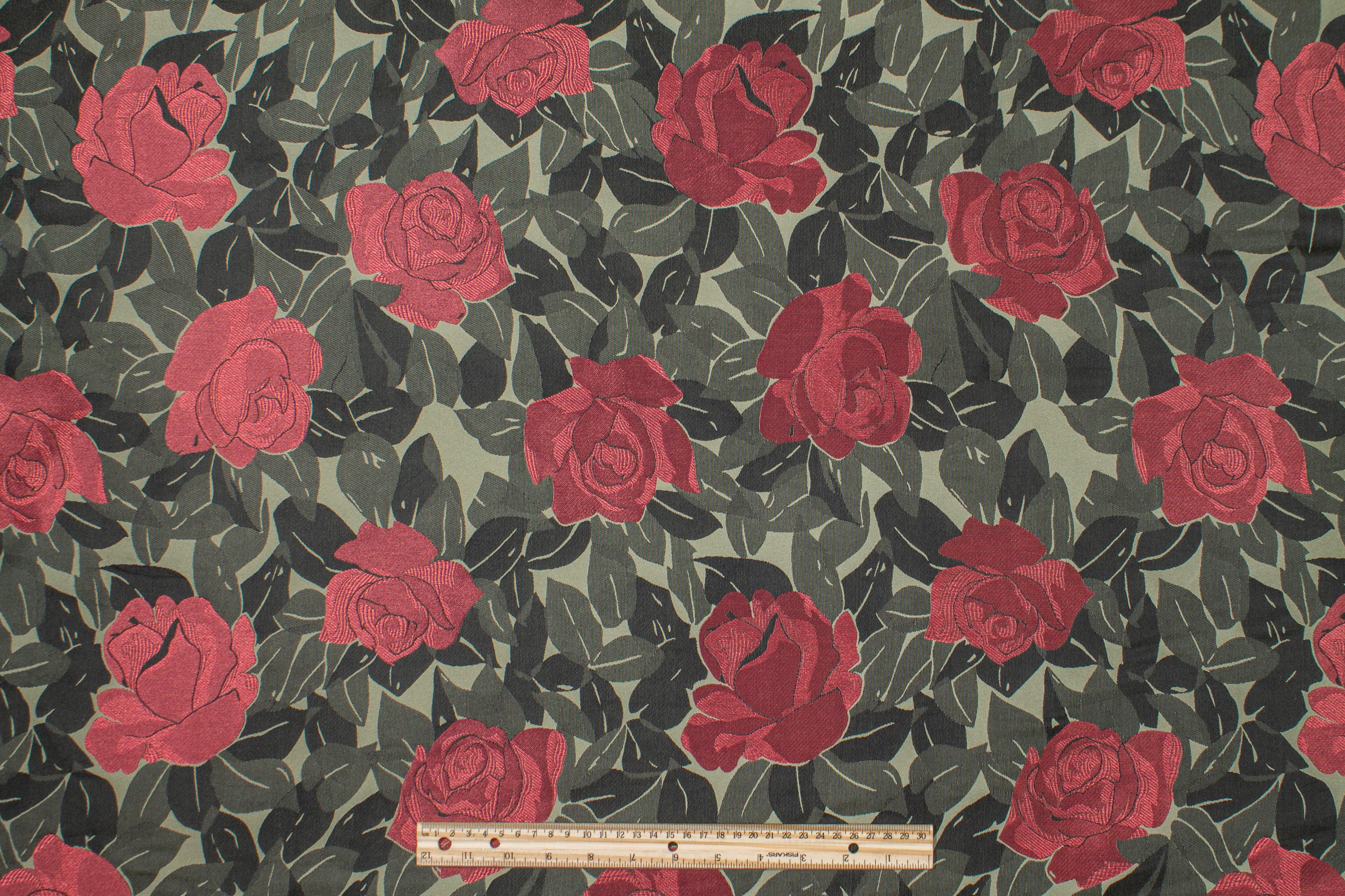 Floral Brocade - Army Green and Burgundy