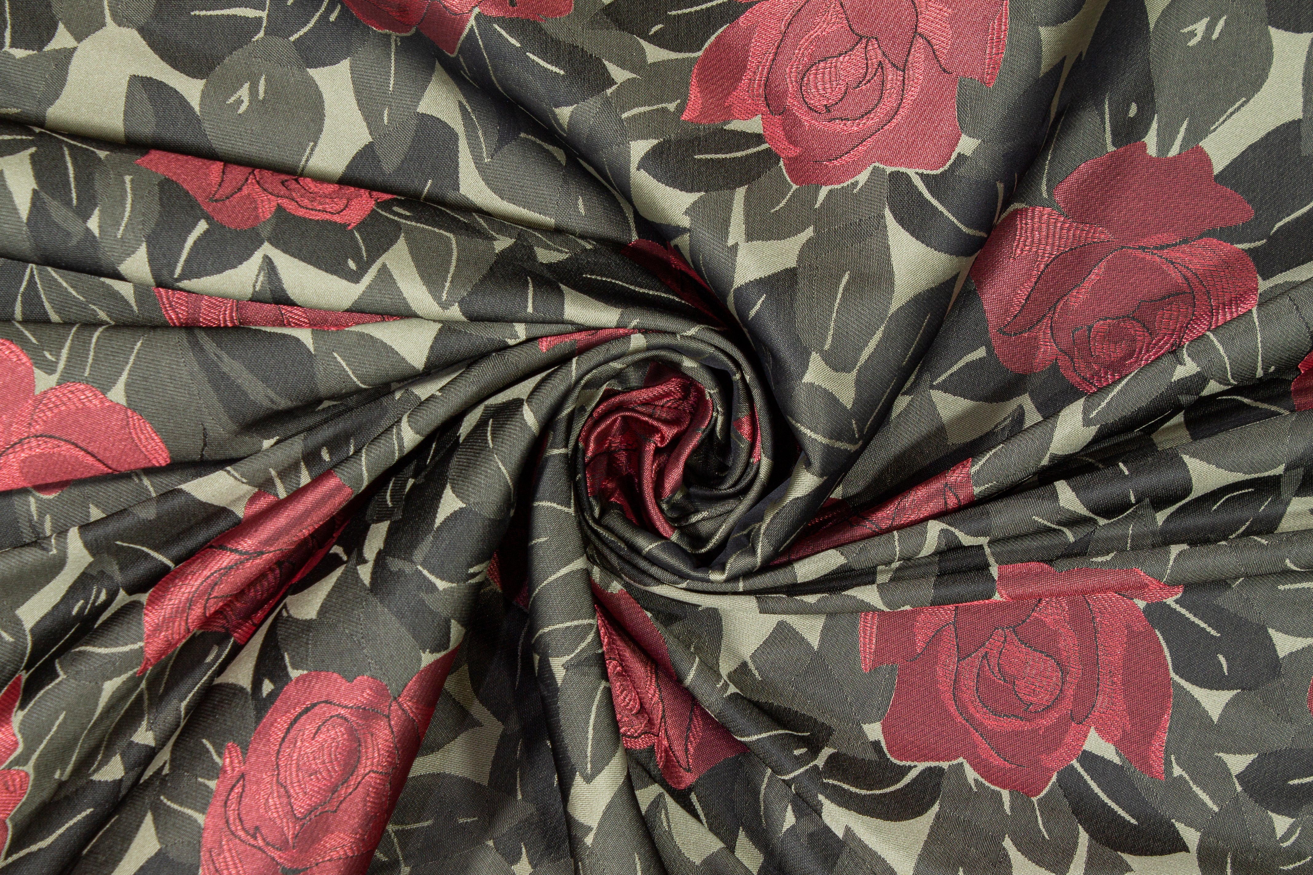 Floral Brocade - Army Green and Burgundy