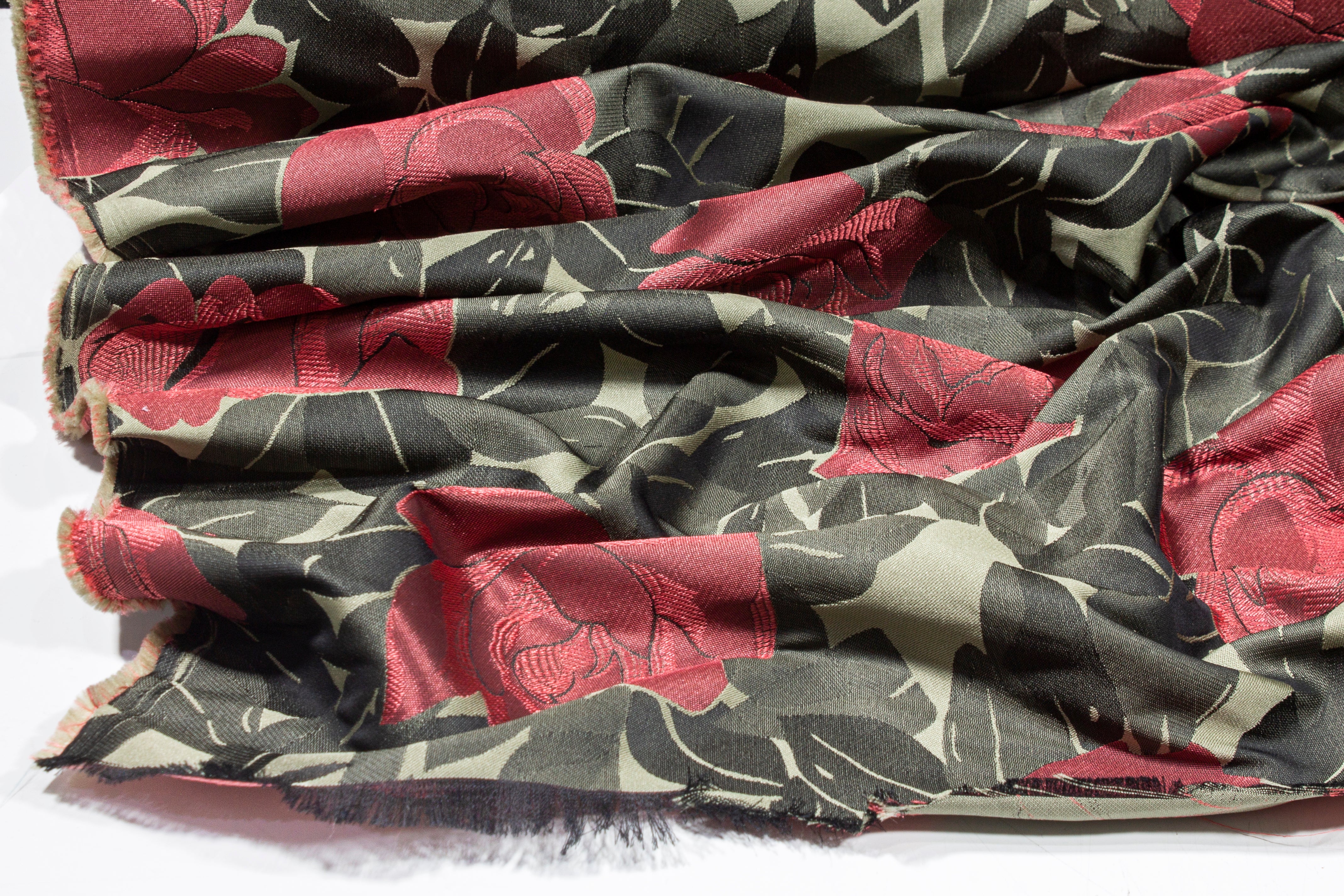 Floral Brocade - Army Green and Burgundy