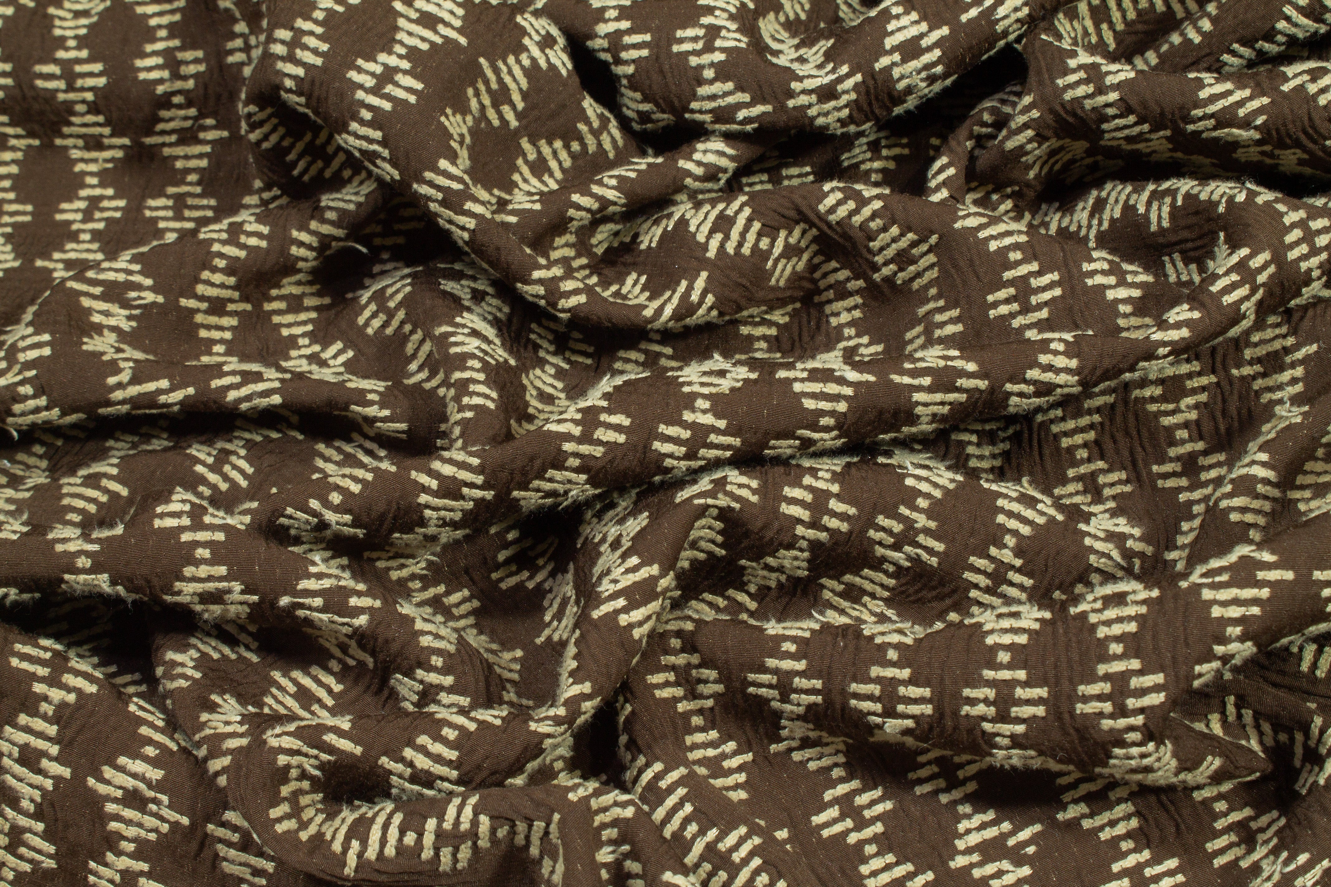 Geometric Poly Cotton Brocade - Brown and Beige