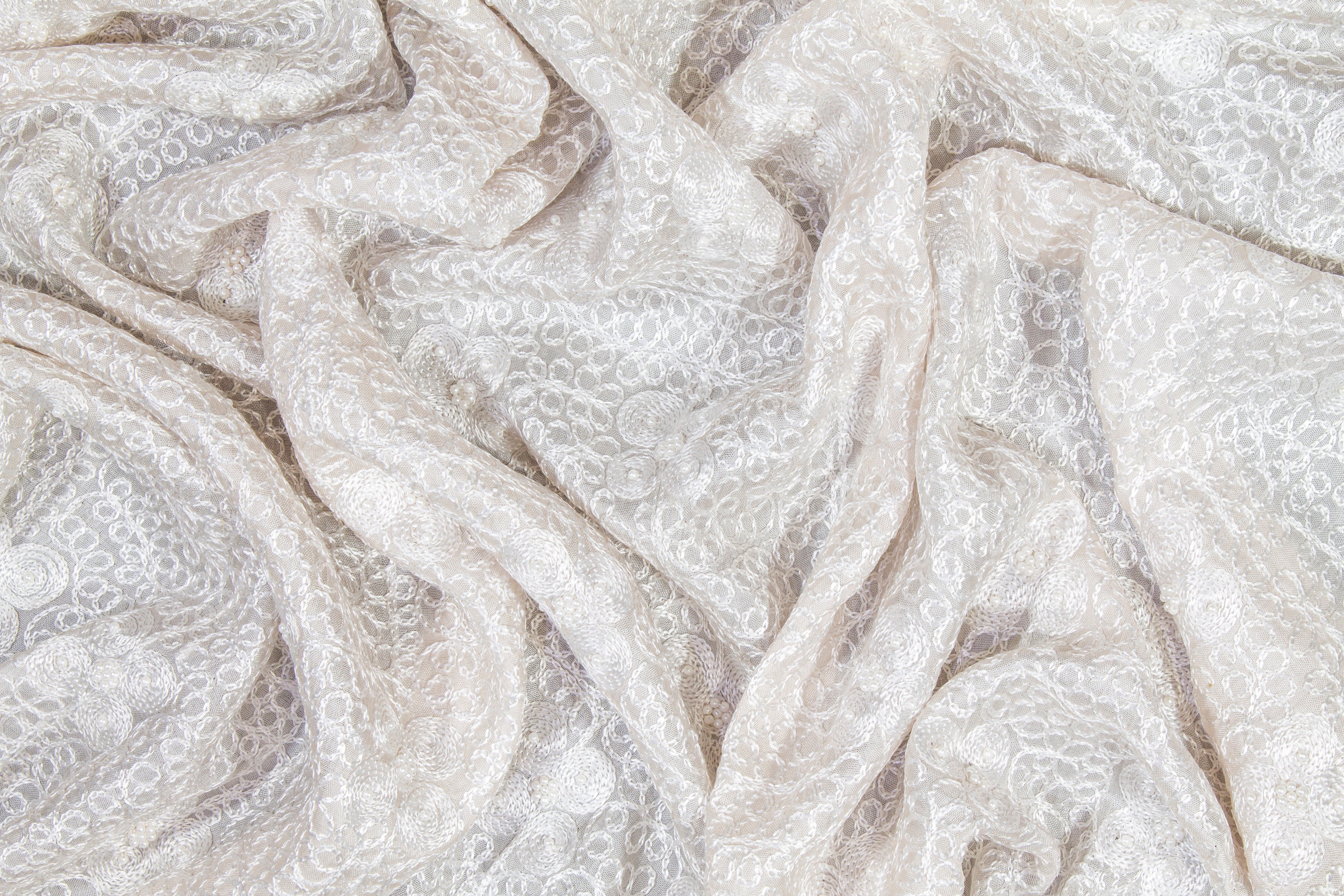 Embroidered and Beaded Silk Viscose Organza - Off White