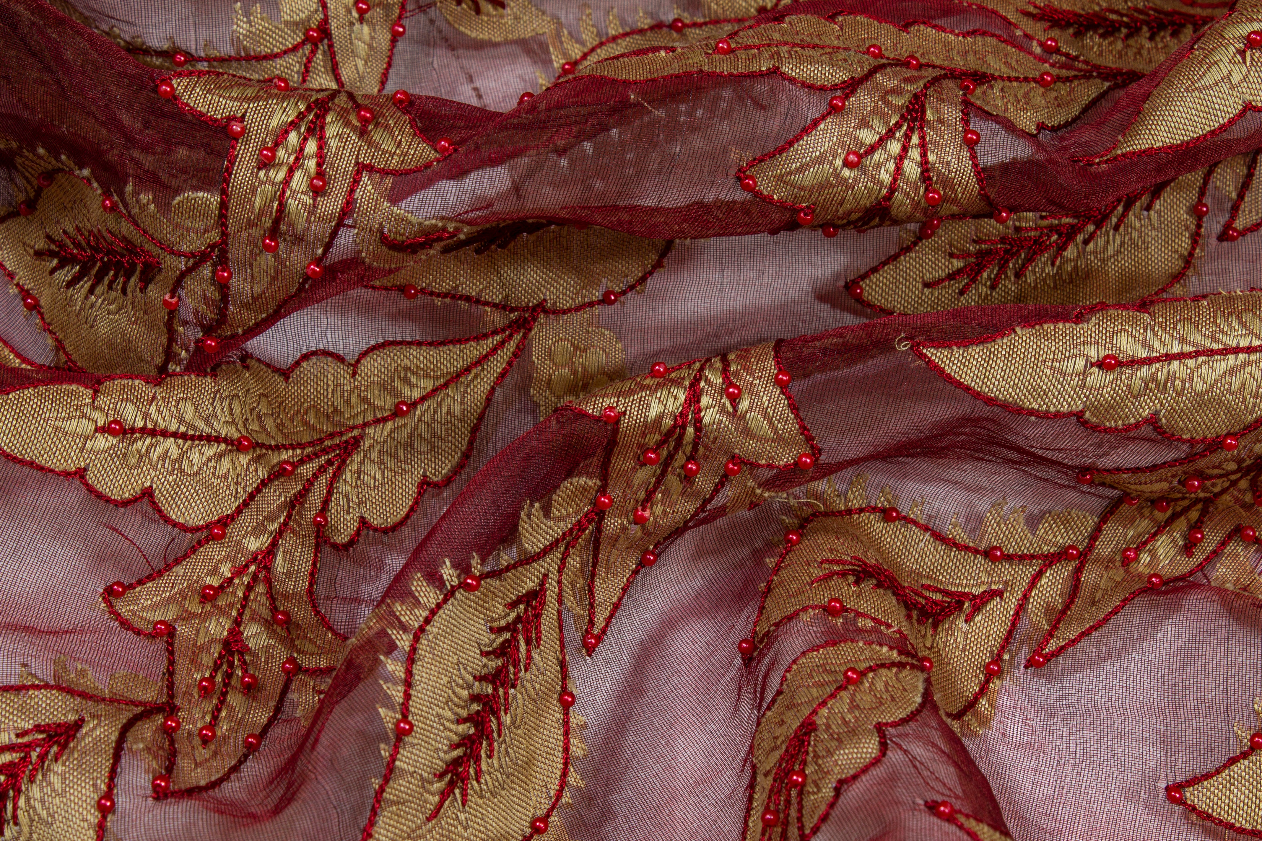 Embroidered and Beaded Silk Viscose Organza - Burgundy / Gold