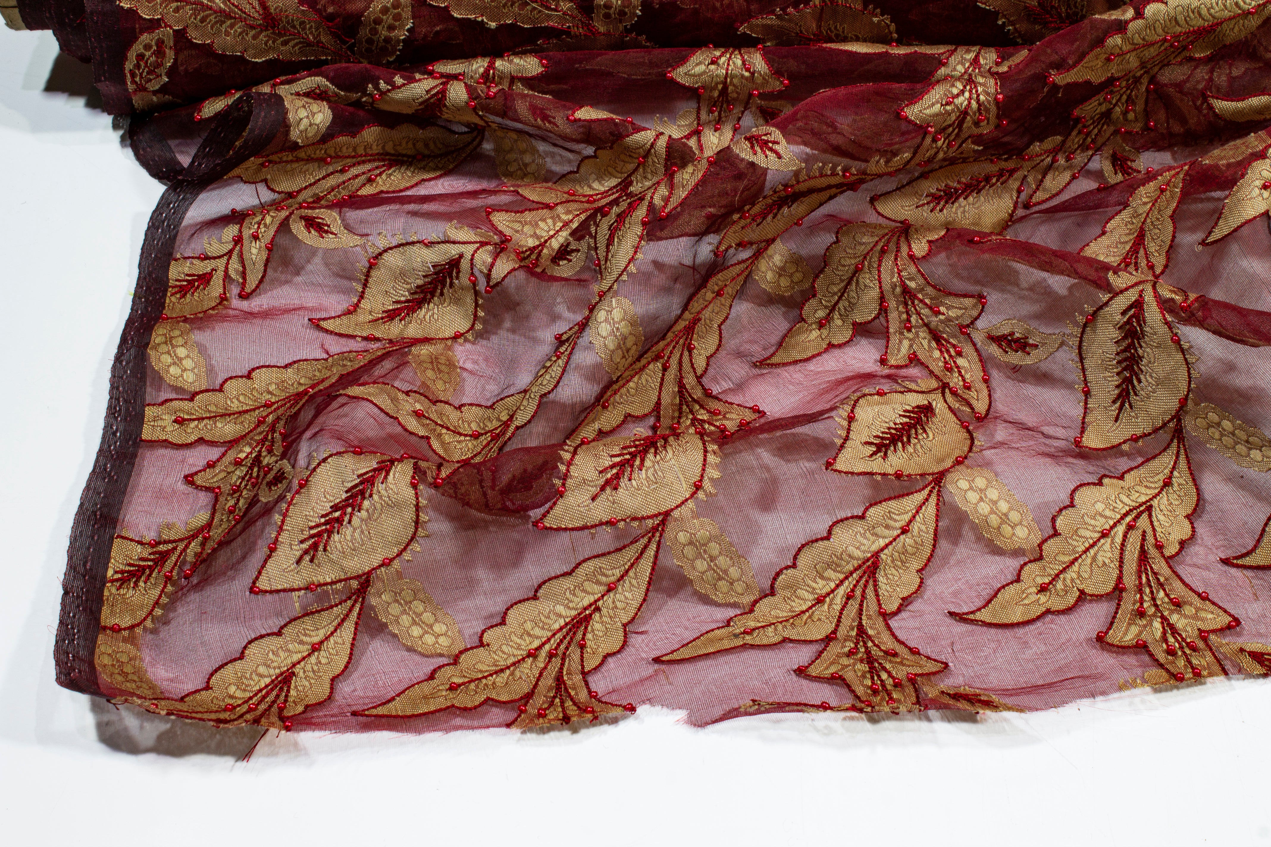 Embroidered and Beaded Silk Viscose Organza - Burgundy / Gold