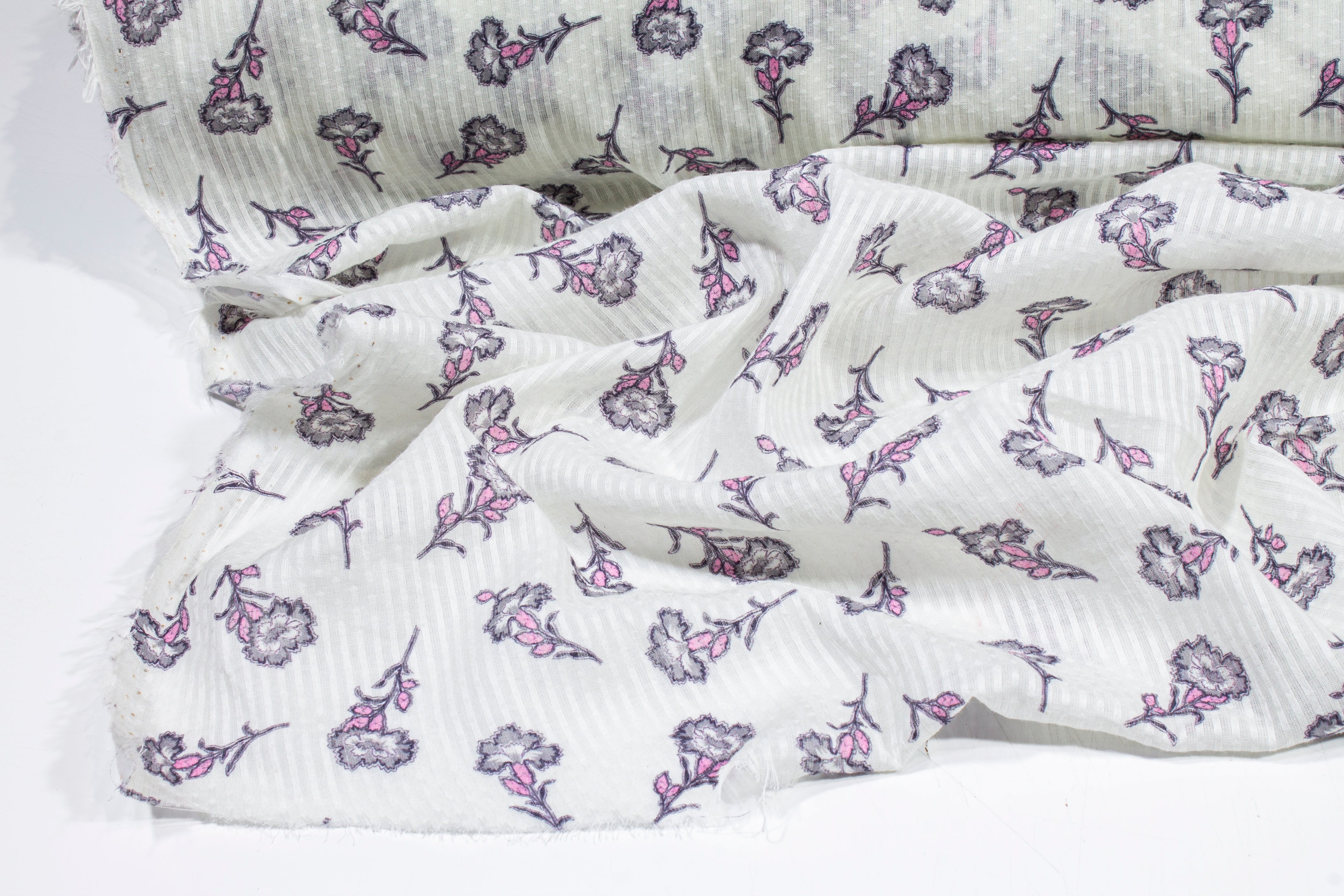 Striped and Floral Printed Cotton Voile - White