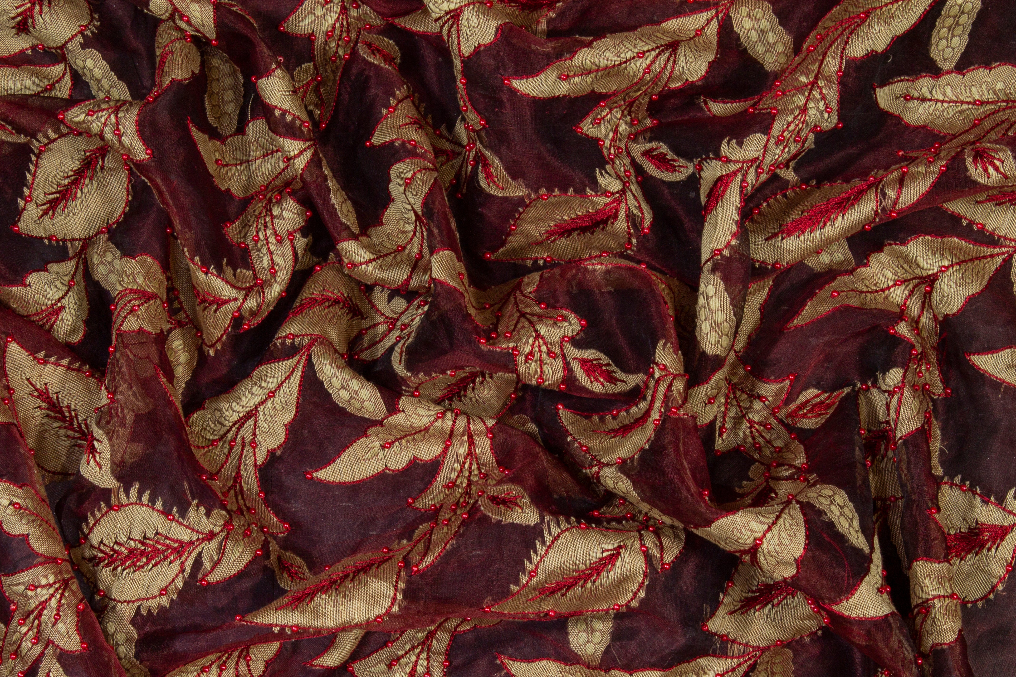 Embroidered and Beaded Silk Viscose Organza - Burgundy / Gold
