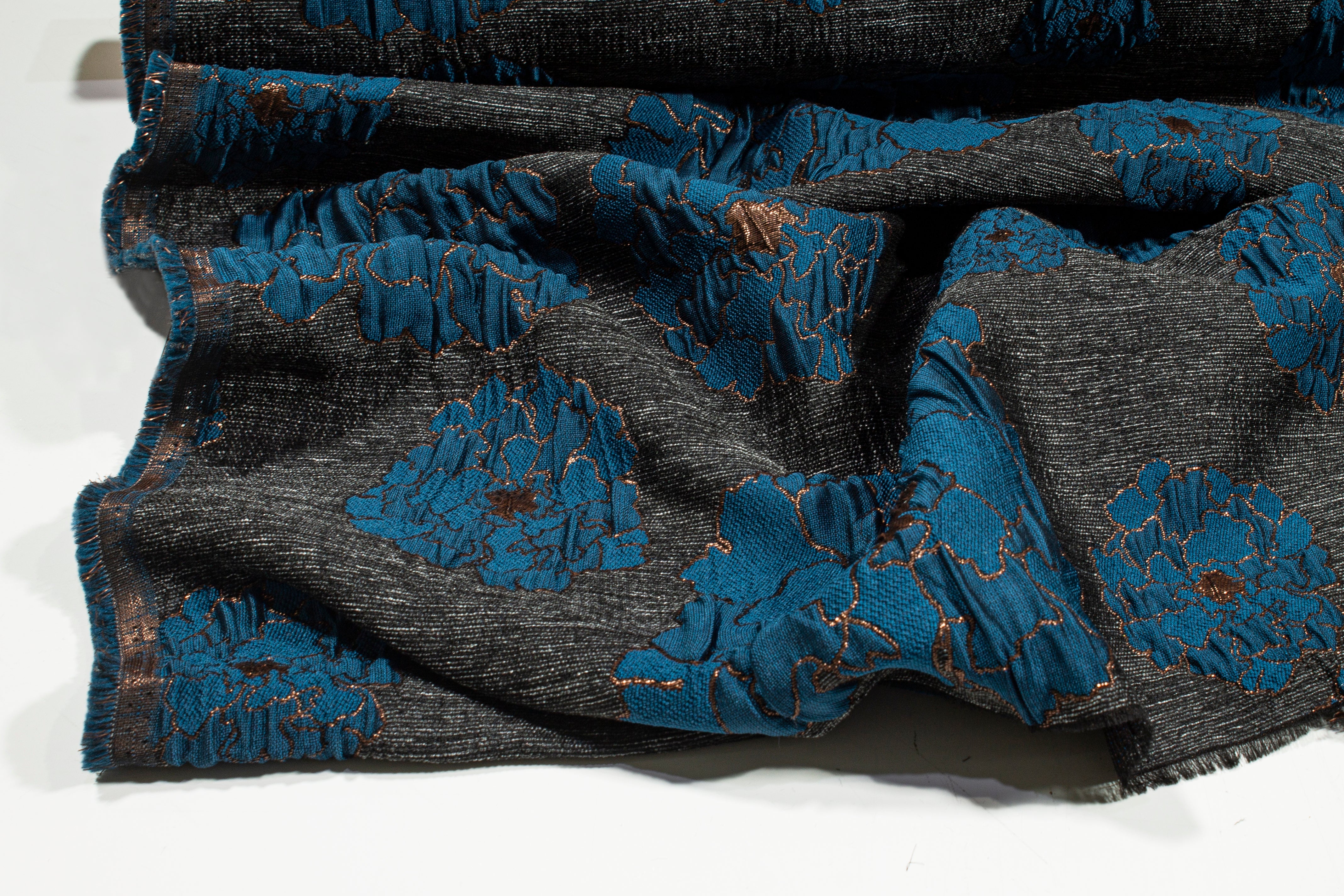 Floral Metallic Brocade - Blue, Charcoal, Bronze