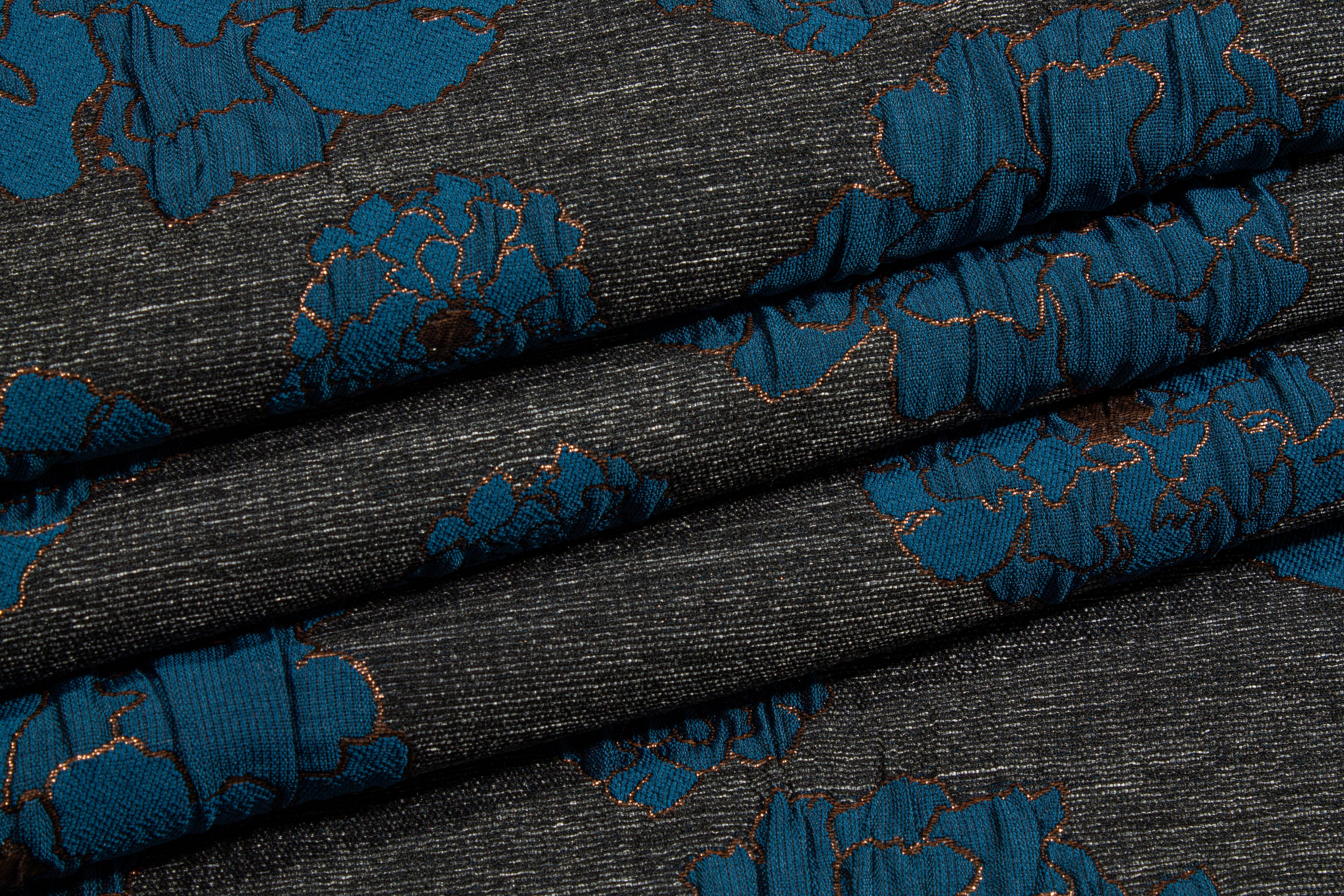 Floral Metallic Brocade - Blue, Charcoal, Bronze