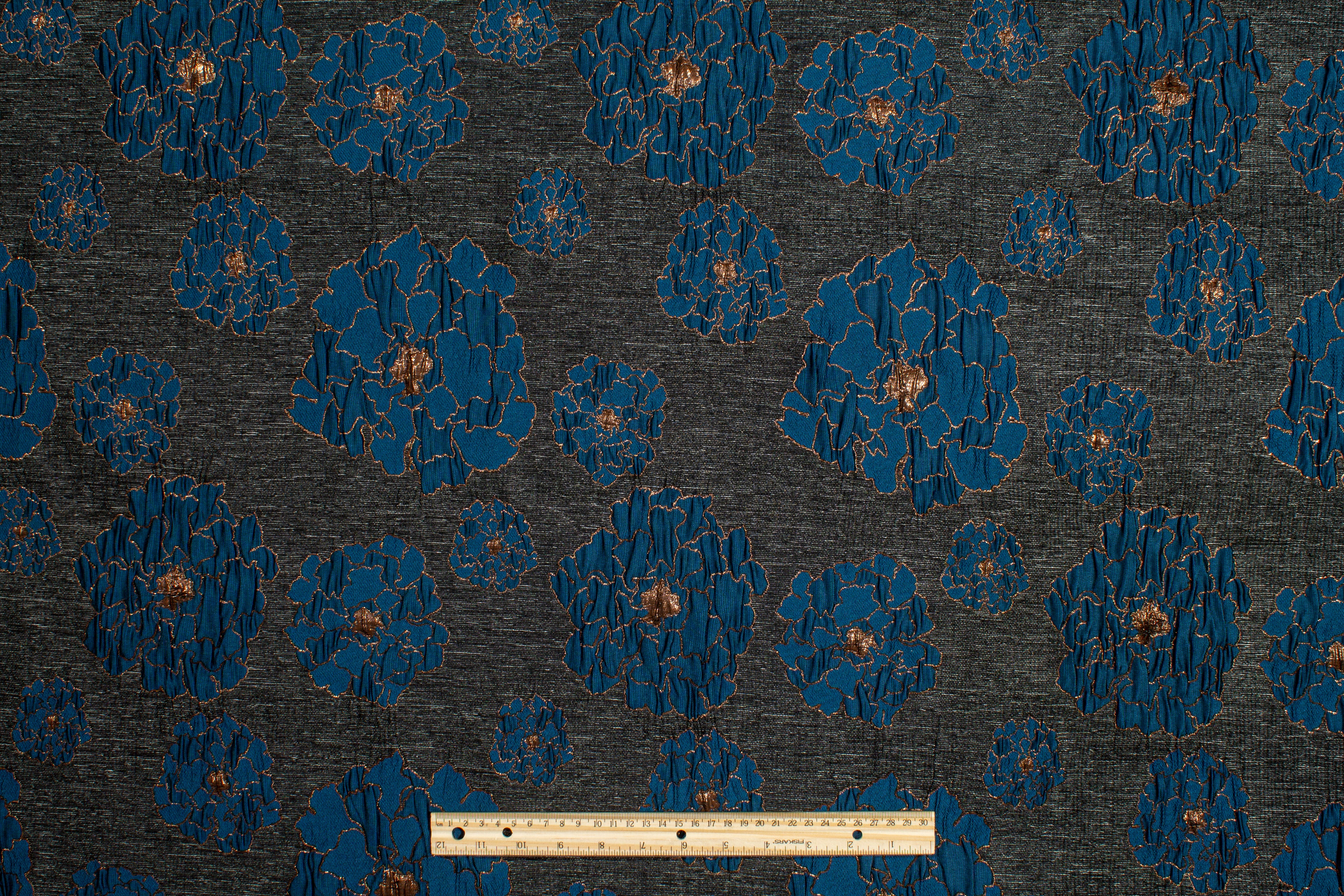 Floral Metallic Brocade - Blue, Charcoal, Bronze