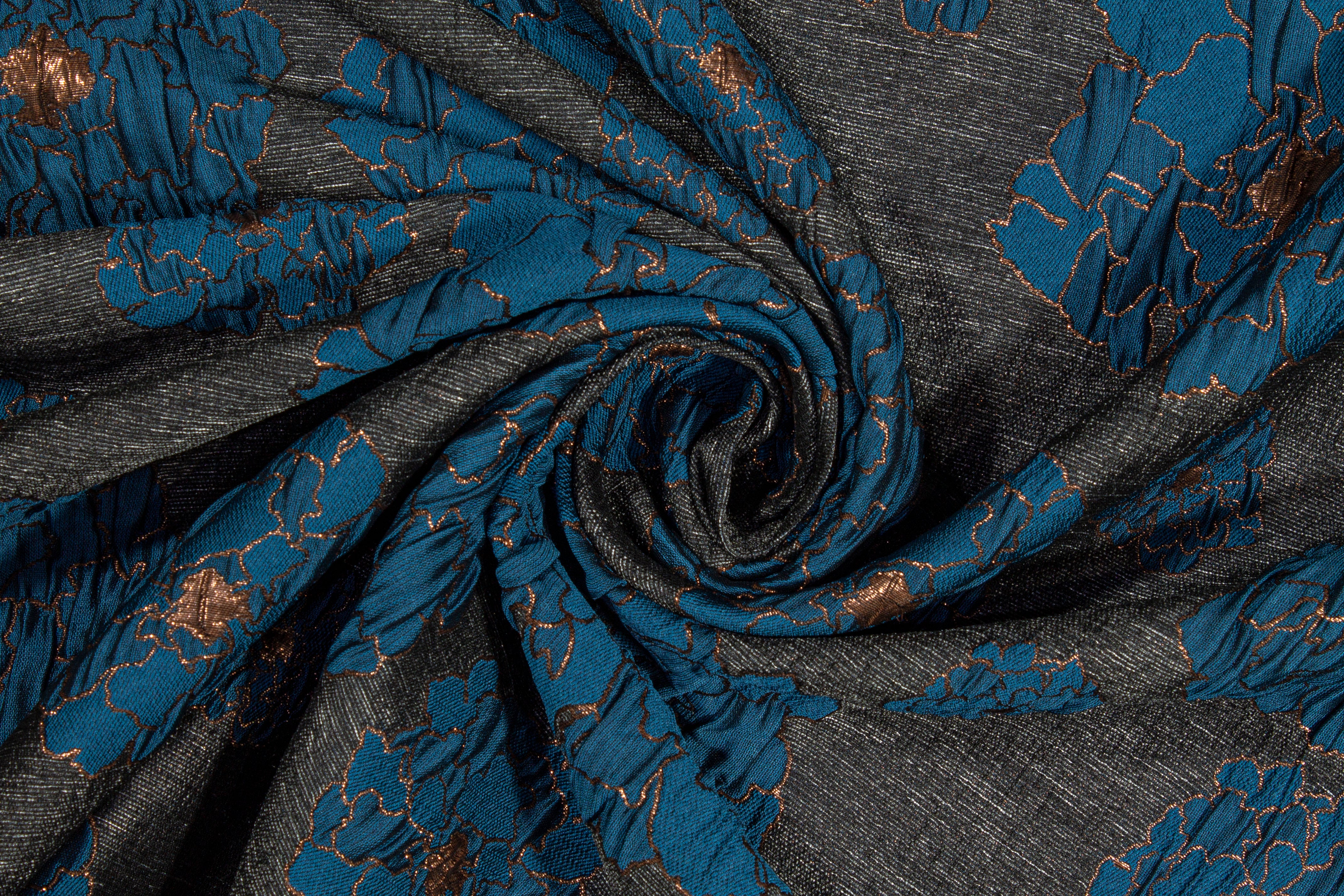Floral Metallic Brocade - Blue, Charcoal, Bronze