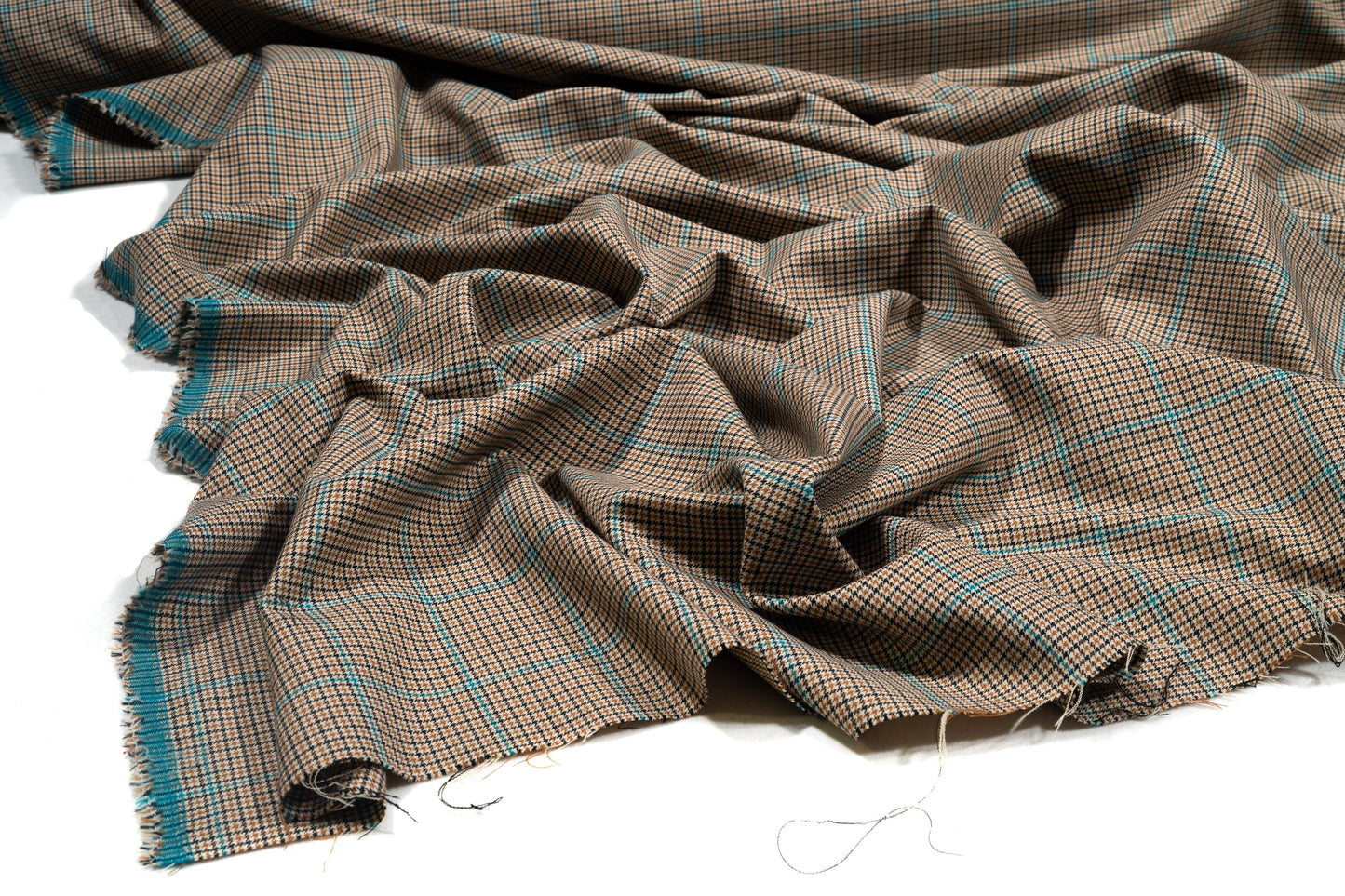 Tan and Teal Checked Italian Stretch Wool Suiting - Prime Fabrics