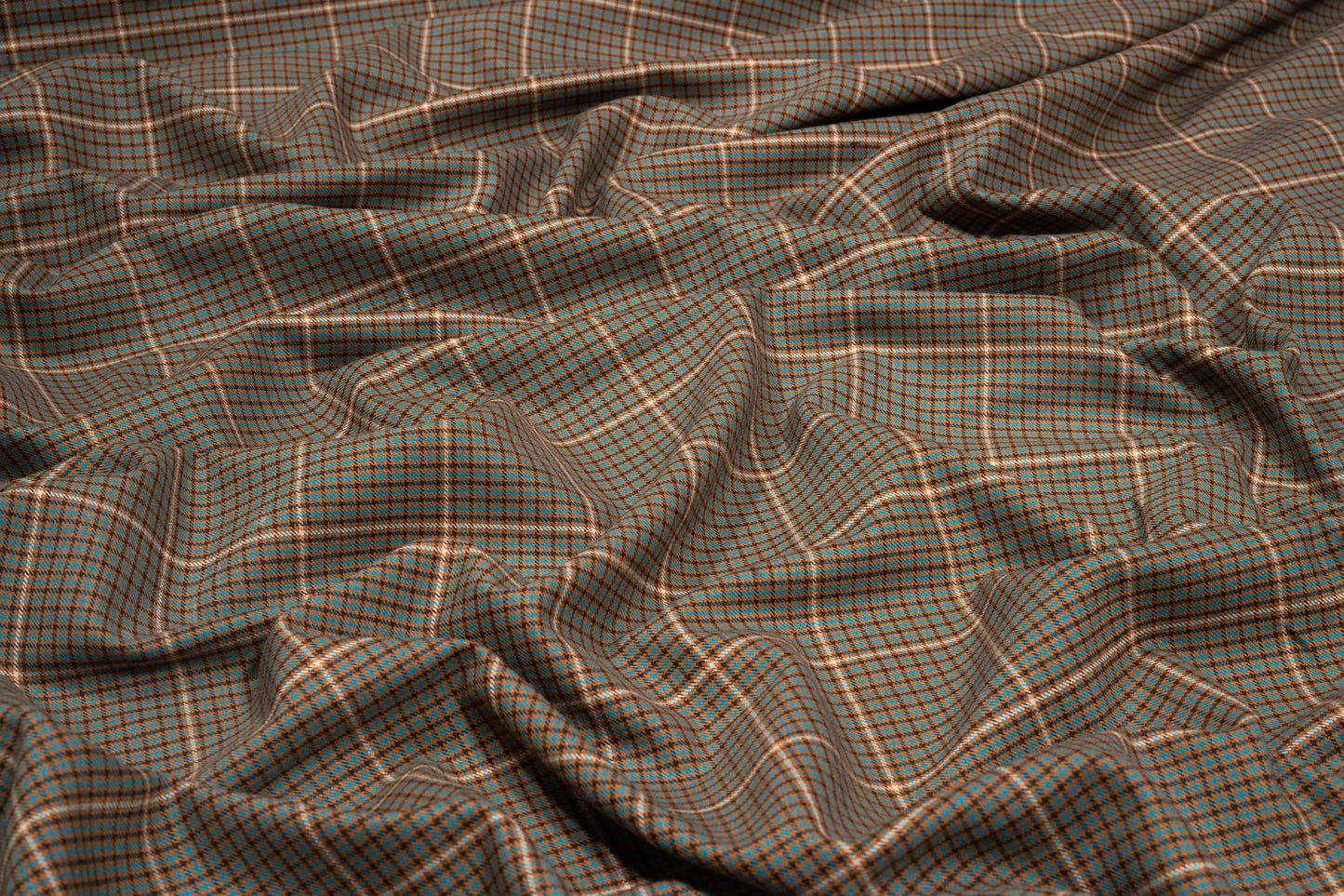 Brown and Teal Checked Italian Stretch Wool Suiting - Prime Fabrics