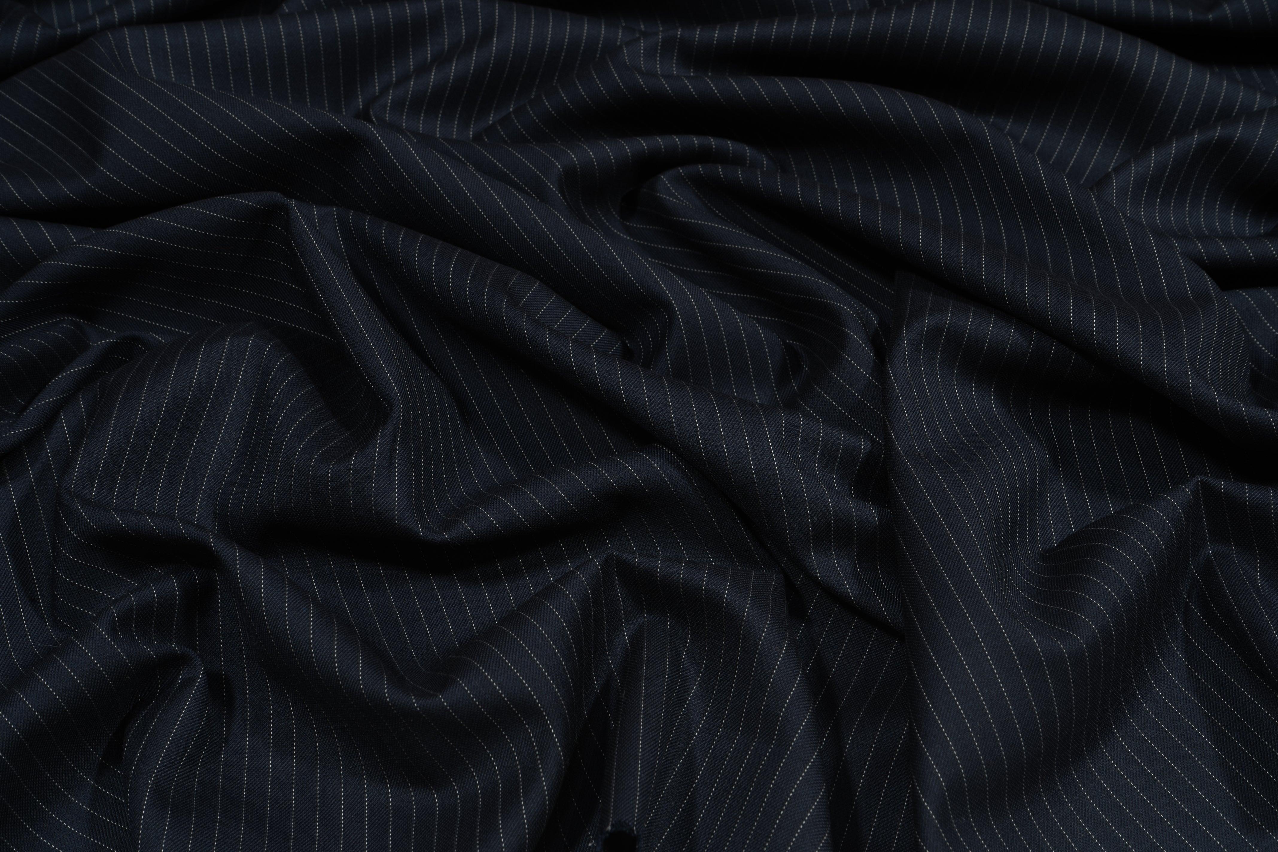 Navy Blue Pin Striped Italian Wool Suiting - Prime Fabrics