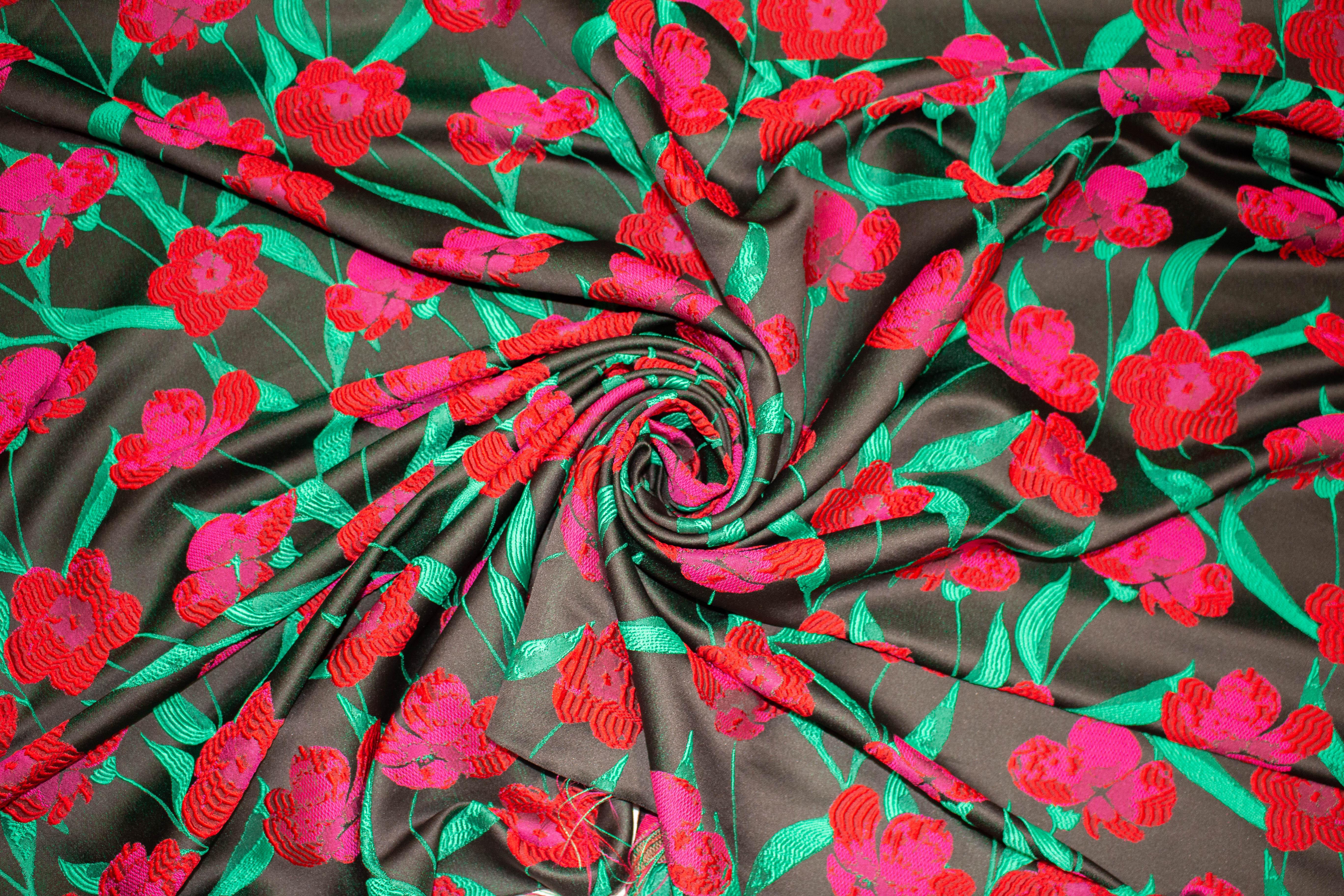 Red and Green Floral Brocade - Prime Fabrics