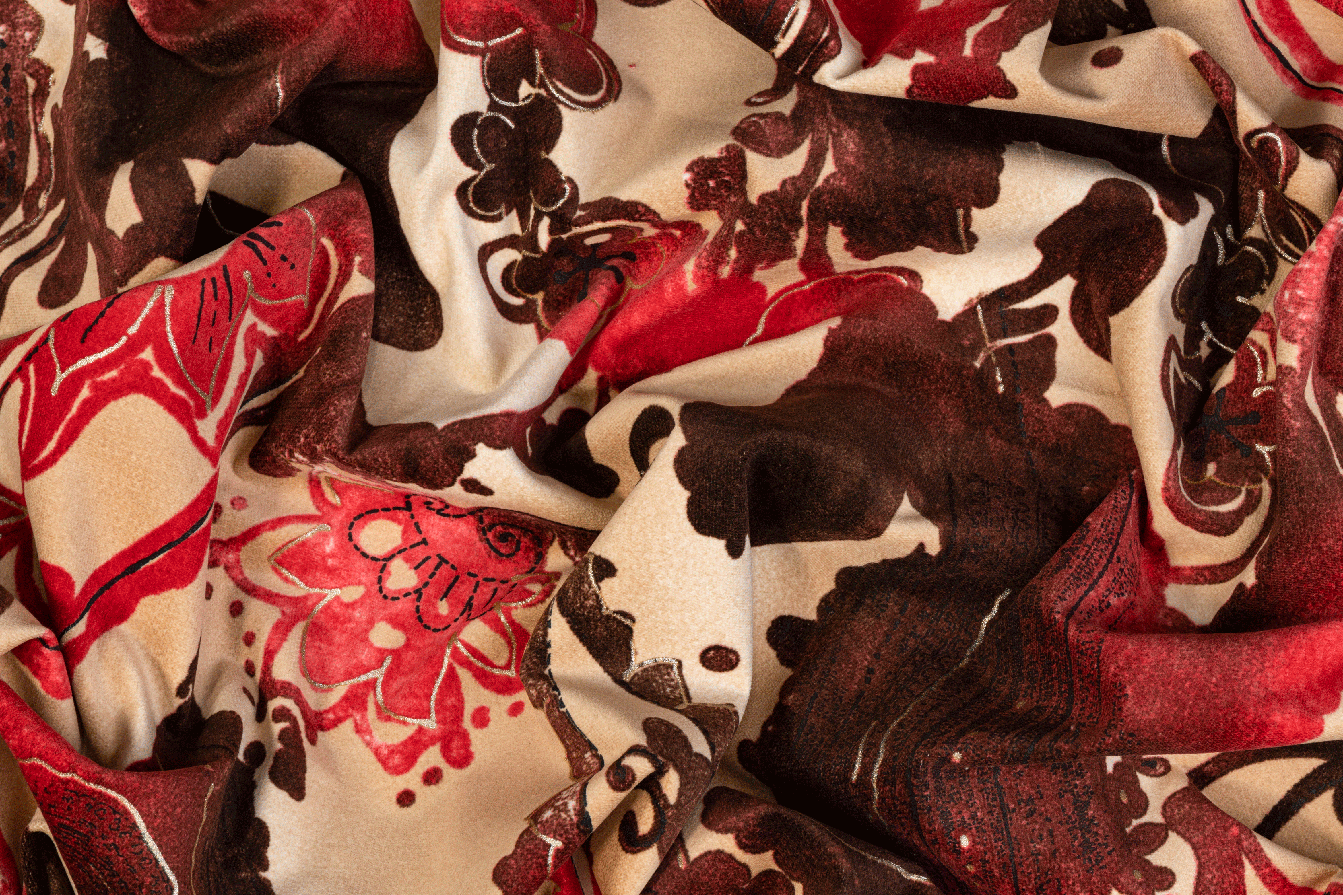 Tie-Dye Abstract Printed Cotton Velvet - Beige and Red - Prime Fabrics