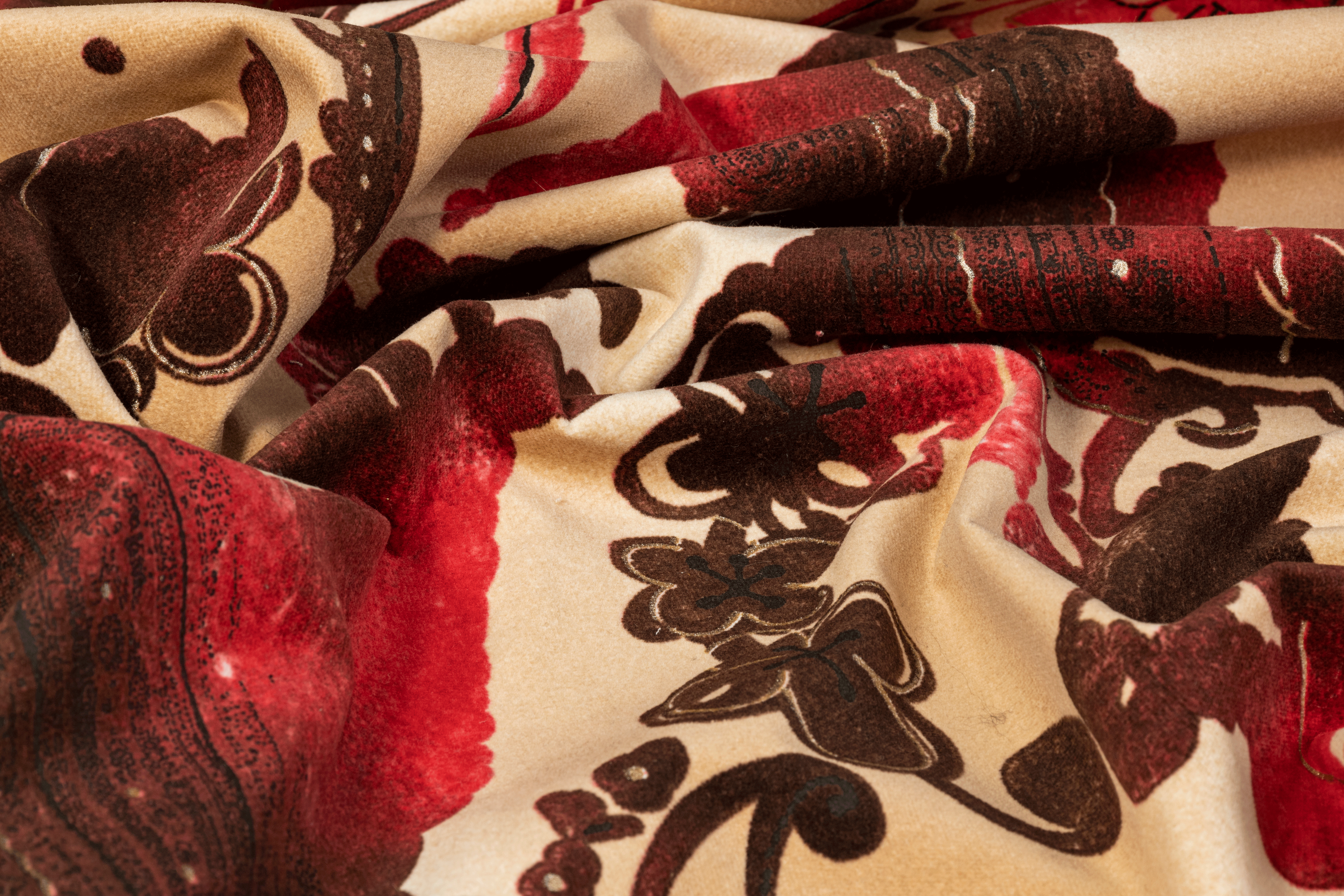 Tie-Dye Abstract Printed Cotton Velvet - Beige and Red - Prime Fabrics