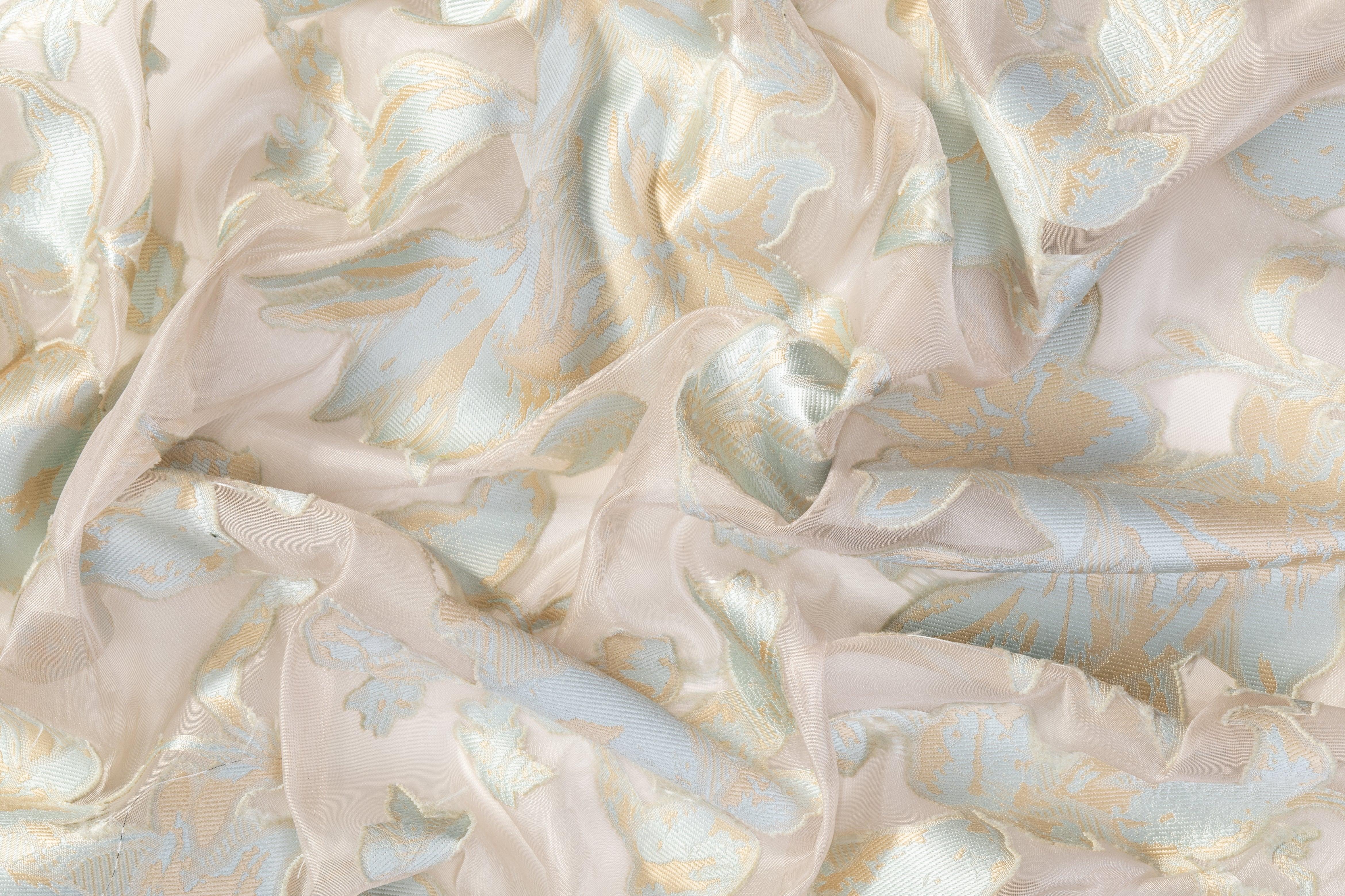 Floral Organza Burnout - Off White, Blue, Gold - Prime Fabrics