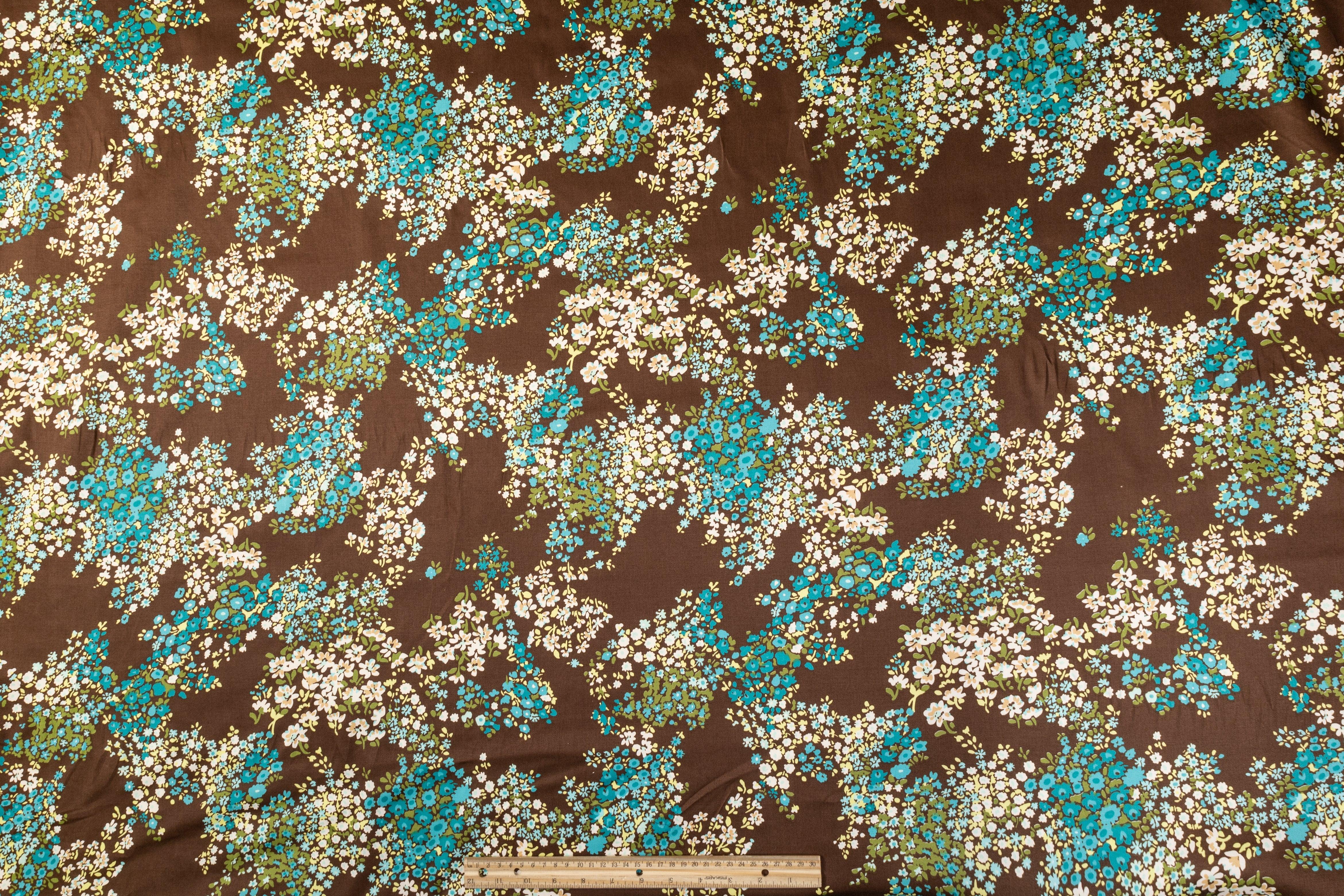 Floral Cotton Sateen - Brown, Blue, Green - Prime Fabrics