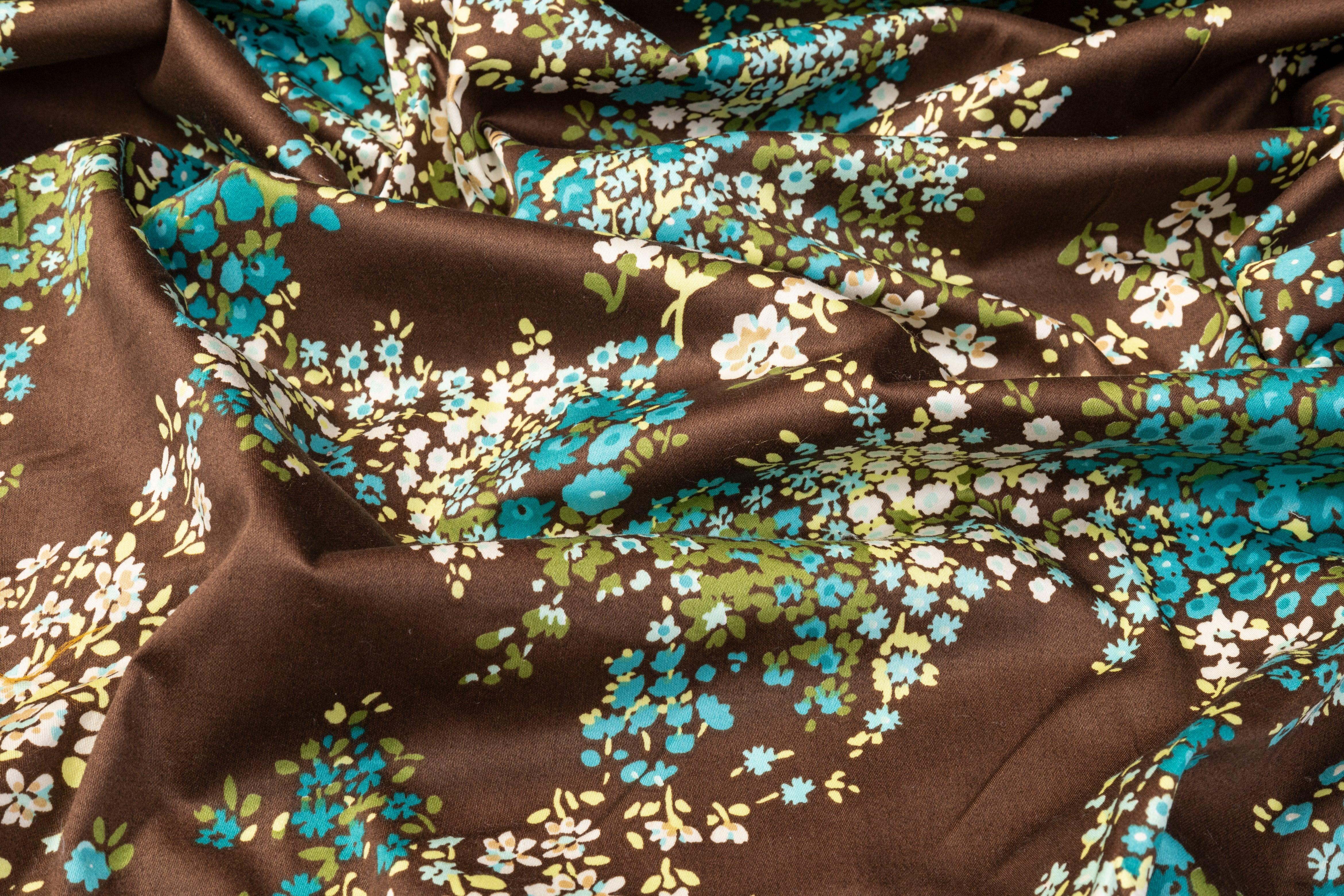 Floral Cotton Sateen - Brown, Blue, Green - Prime Fabrics