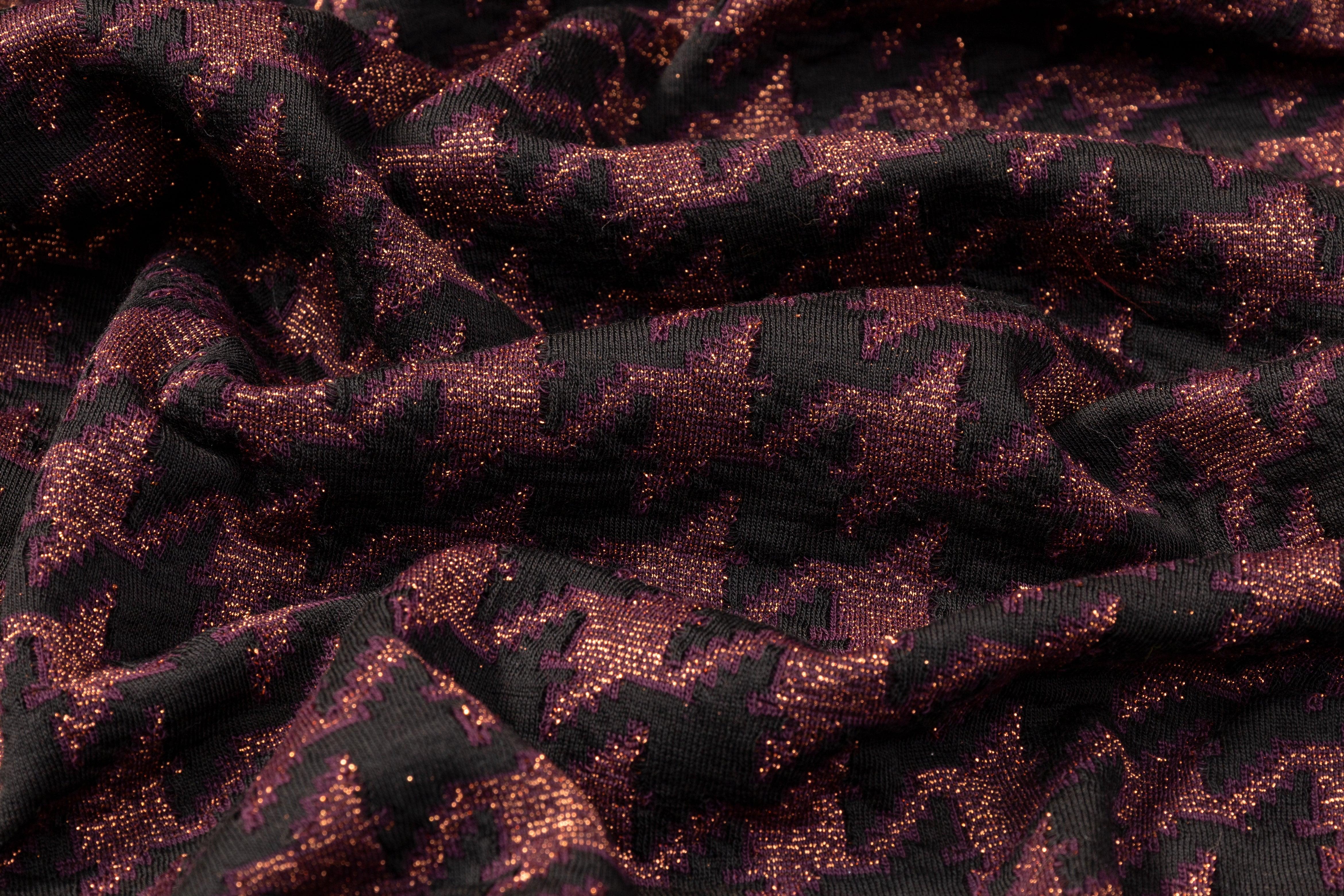 Metallic Houndstooth Poly Wool Knit - Purple, Black, Copper - Prime Fabrics