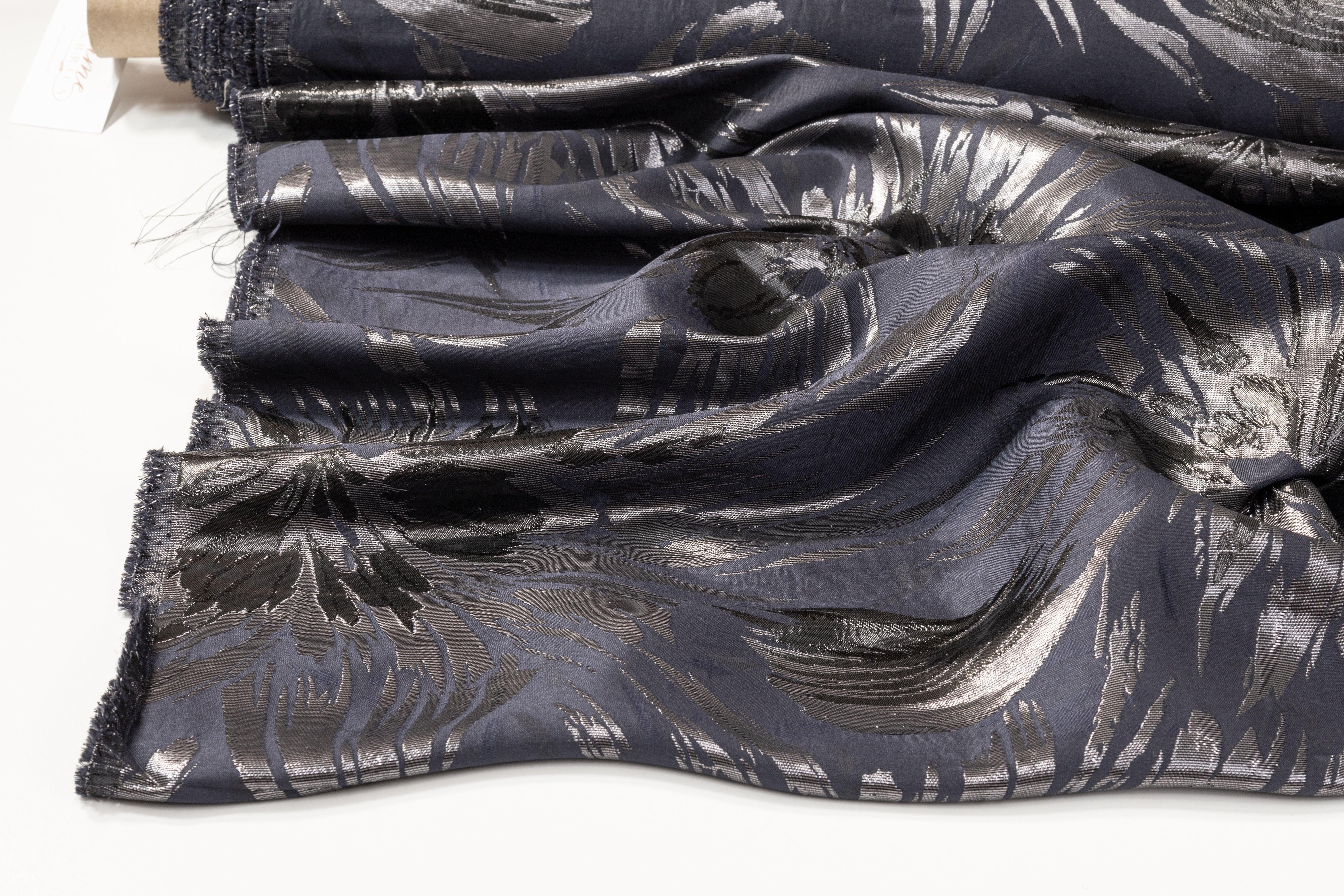 Metallic Floral Jacquard - Navy and Gray - Prime Fabrics