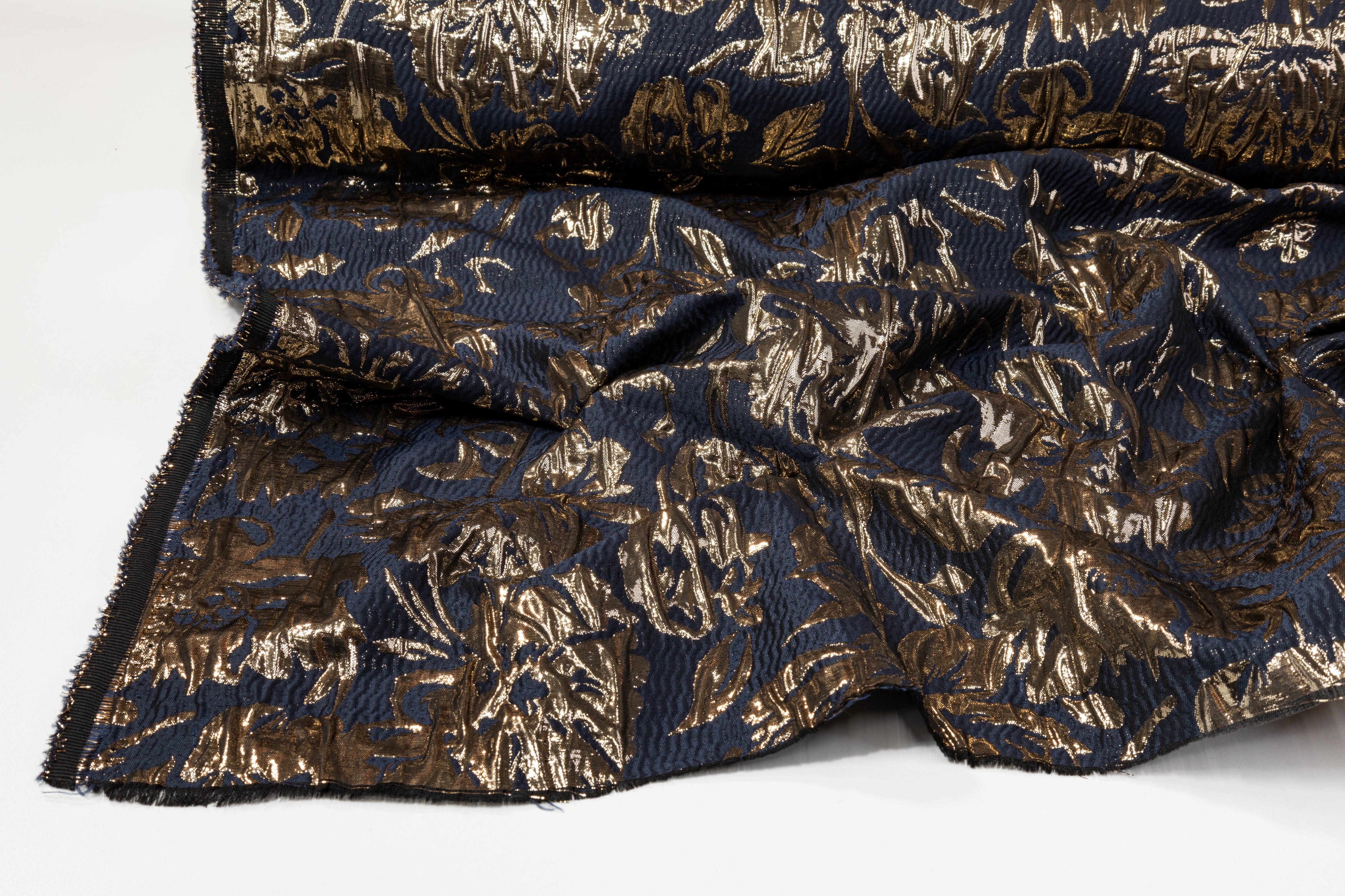 Floral Crushed Metallic Brocade - Navy and Gold