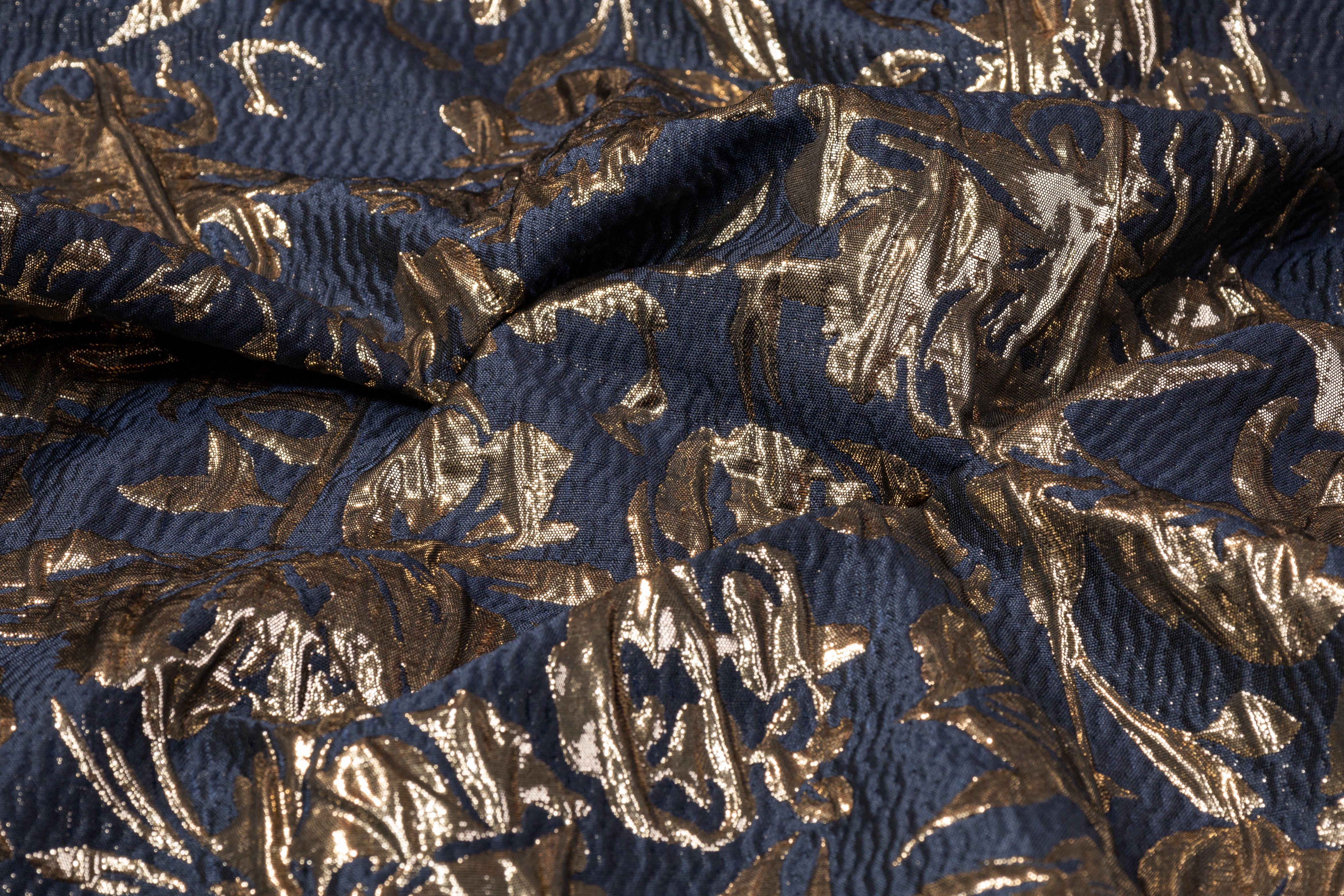 Floral Crushed Metallic Brocade - Navy and Gold