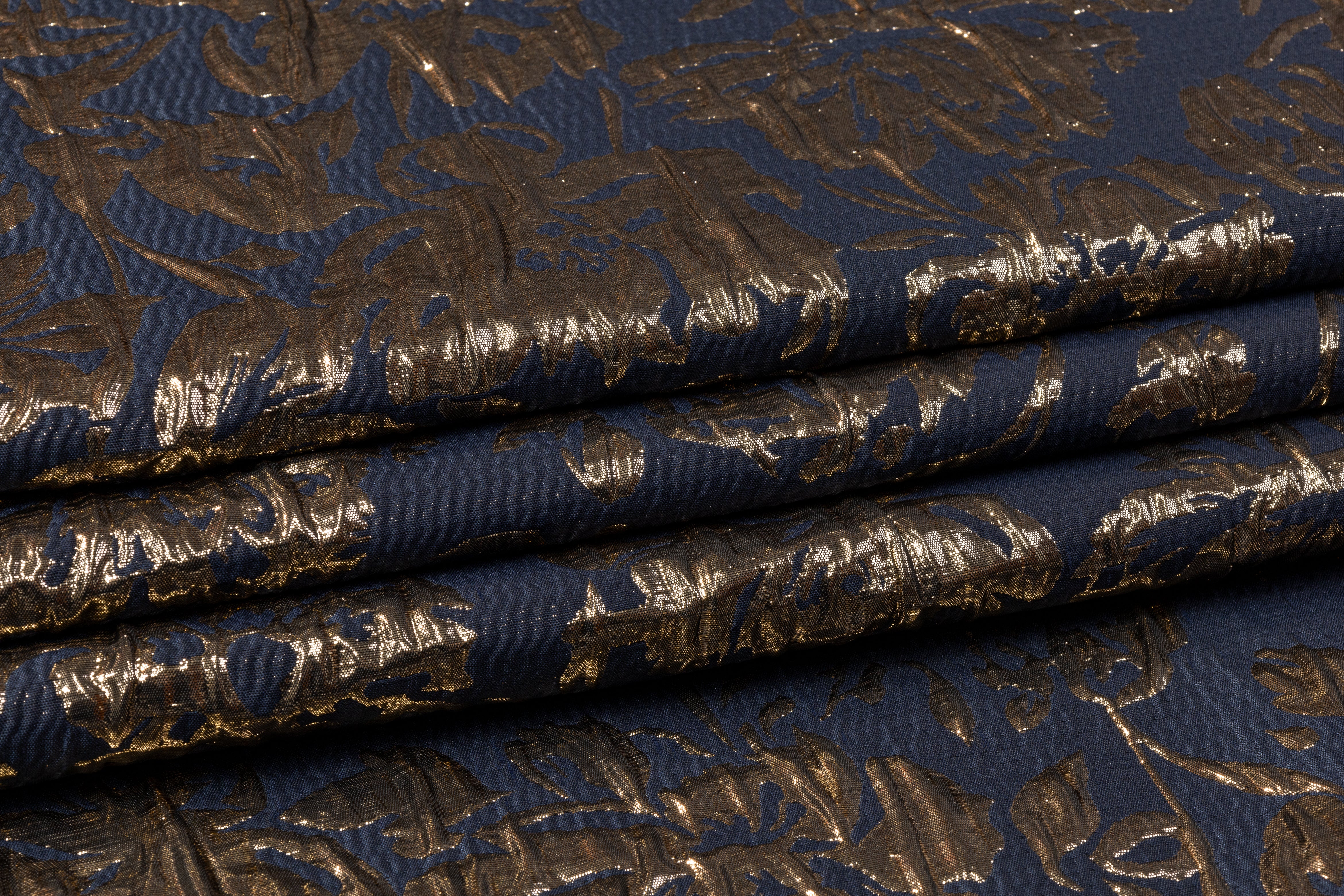 Floral Crushed Metallic Brocade - Navy and Gold