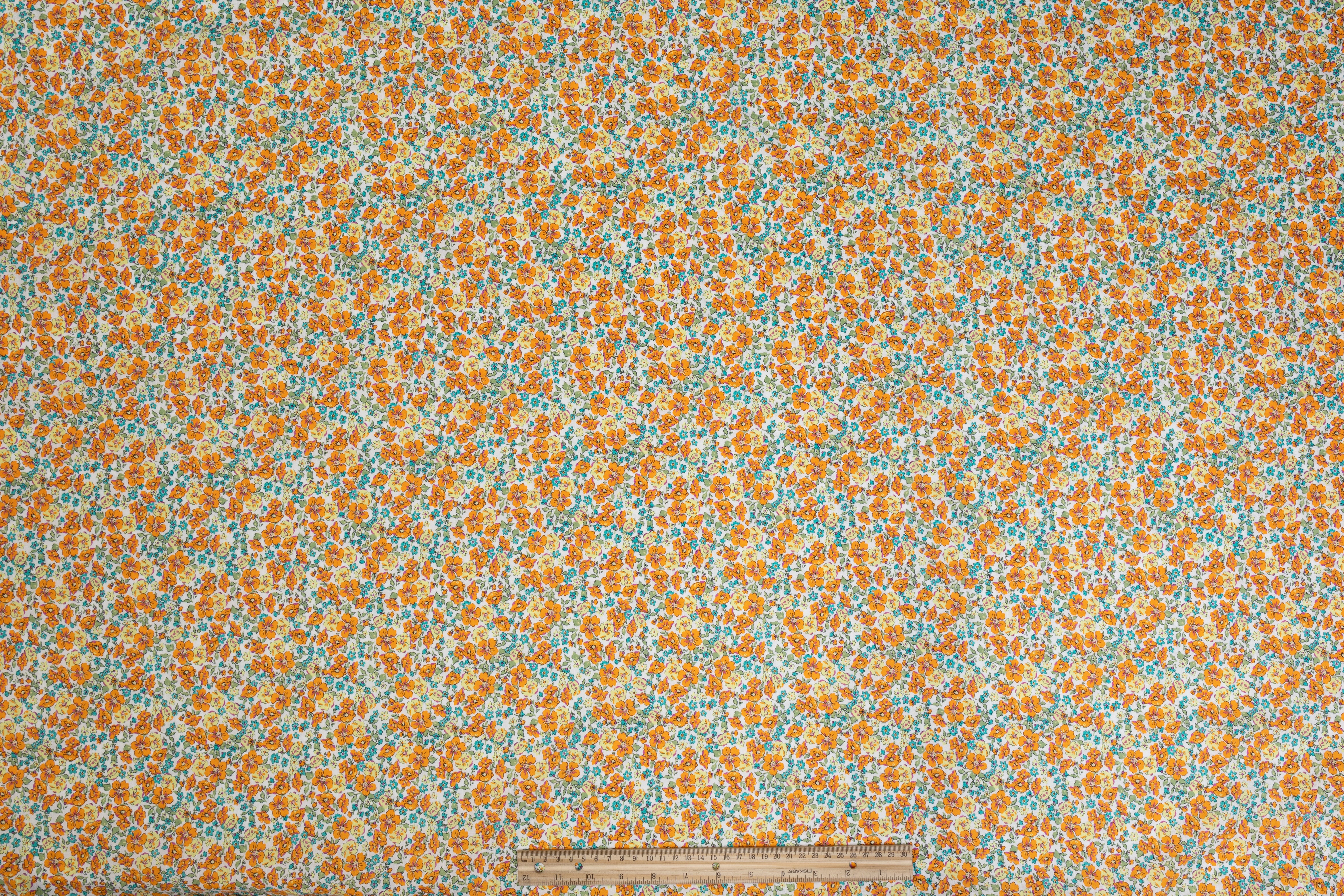 Textured Ditsy Floral Italian Cotton - Blue, Orange, Yellow