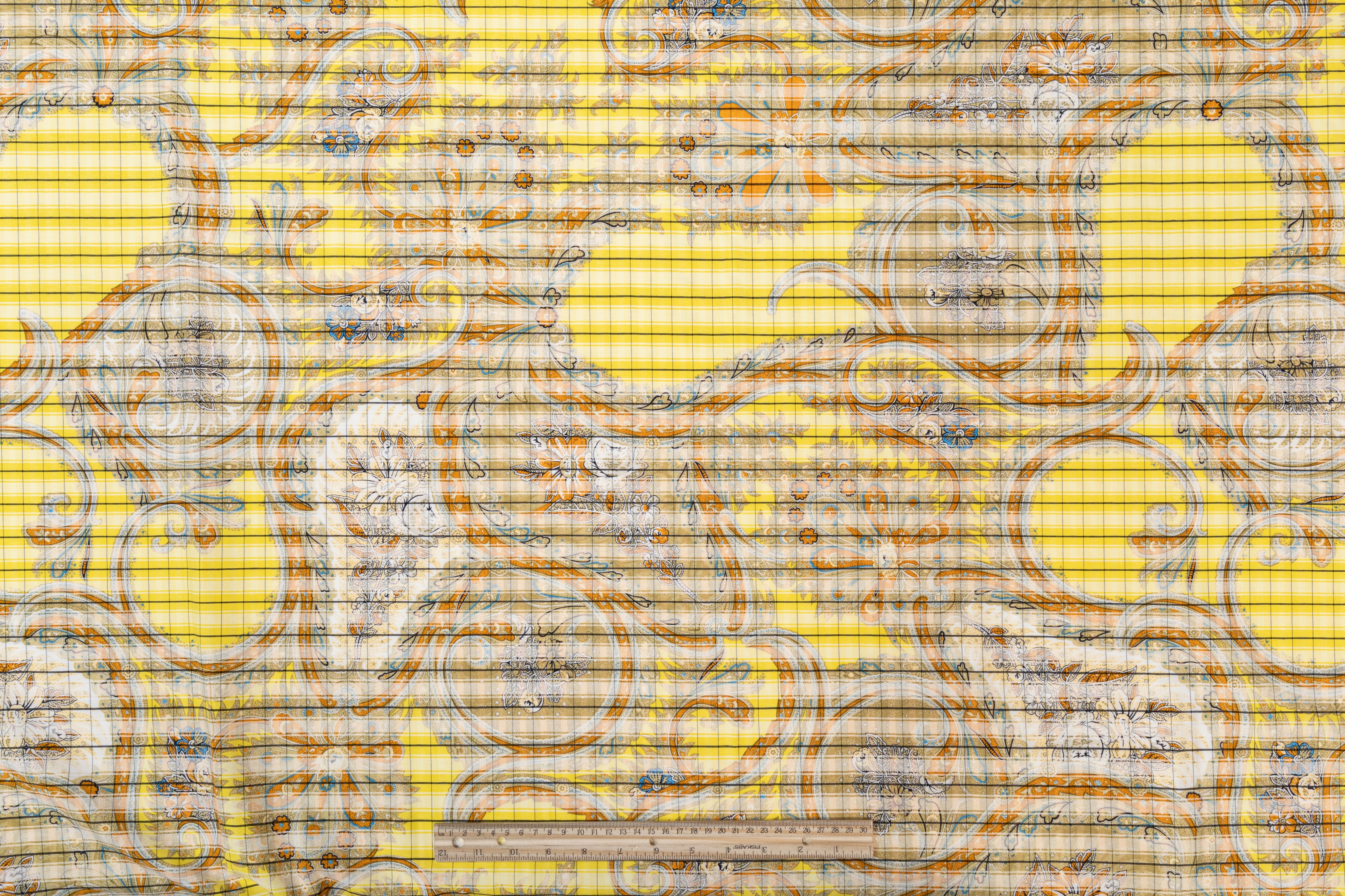 Printed Italian Viscose Faille - Yellow / Burned Orange / Blue / Khaki