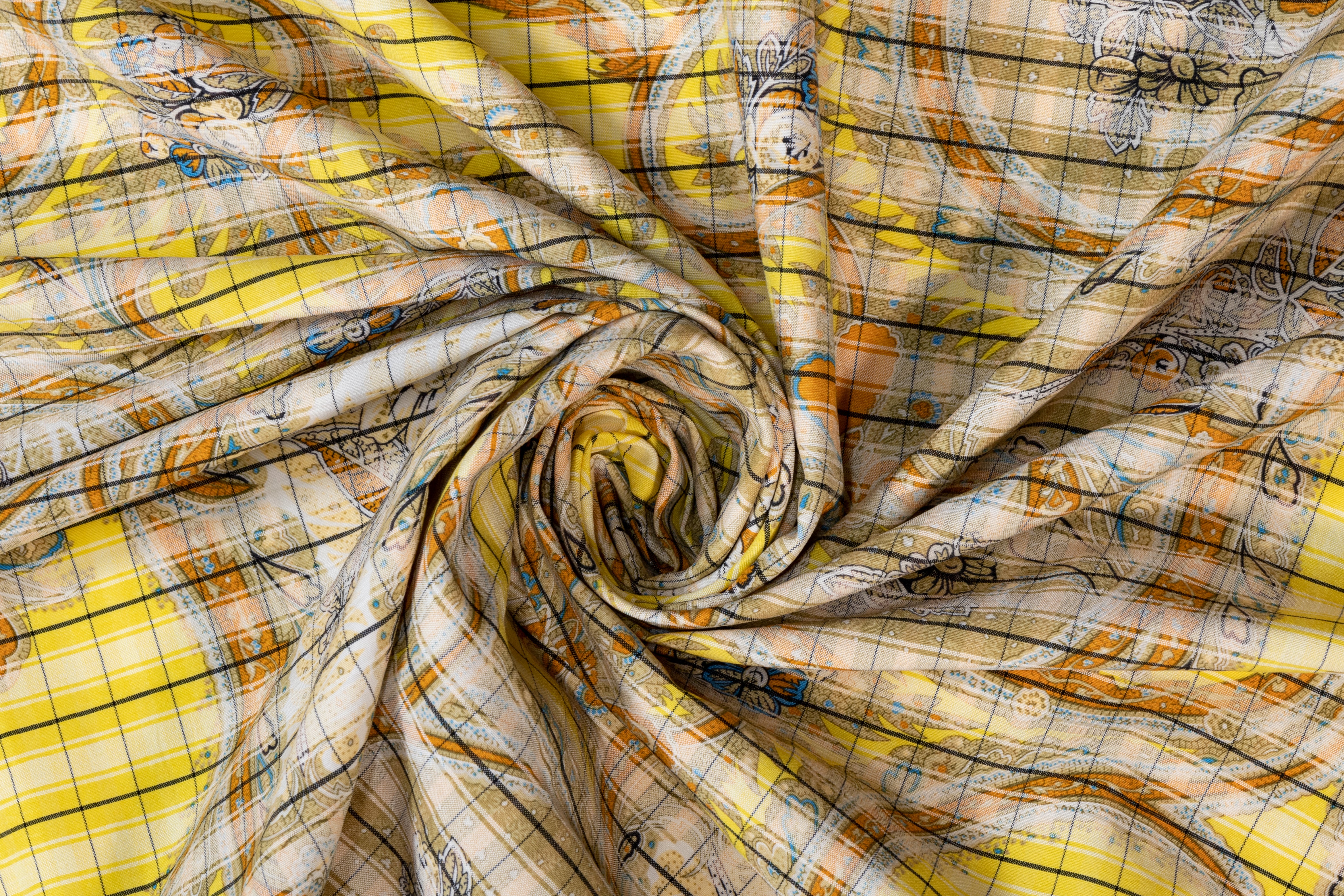 Printed Italian Viscose Faille - Yellow / Burned Orange / Blue / Khaki