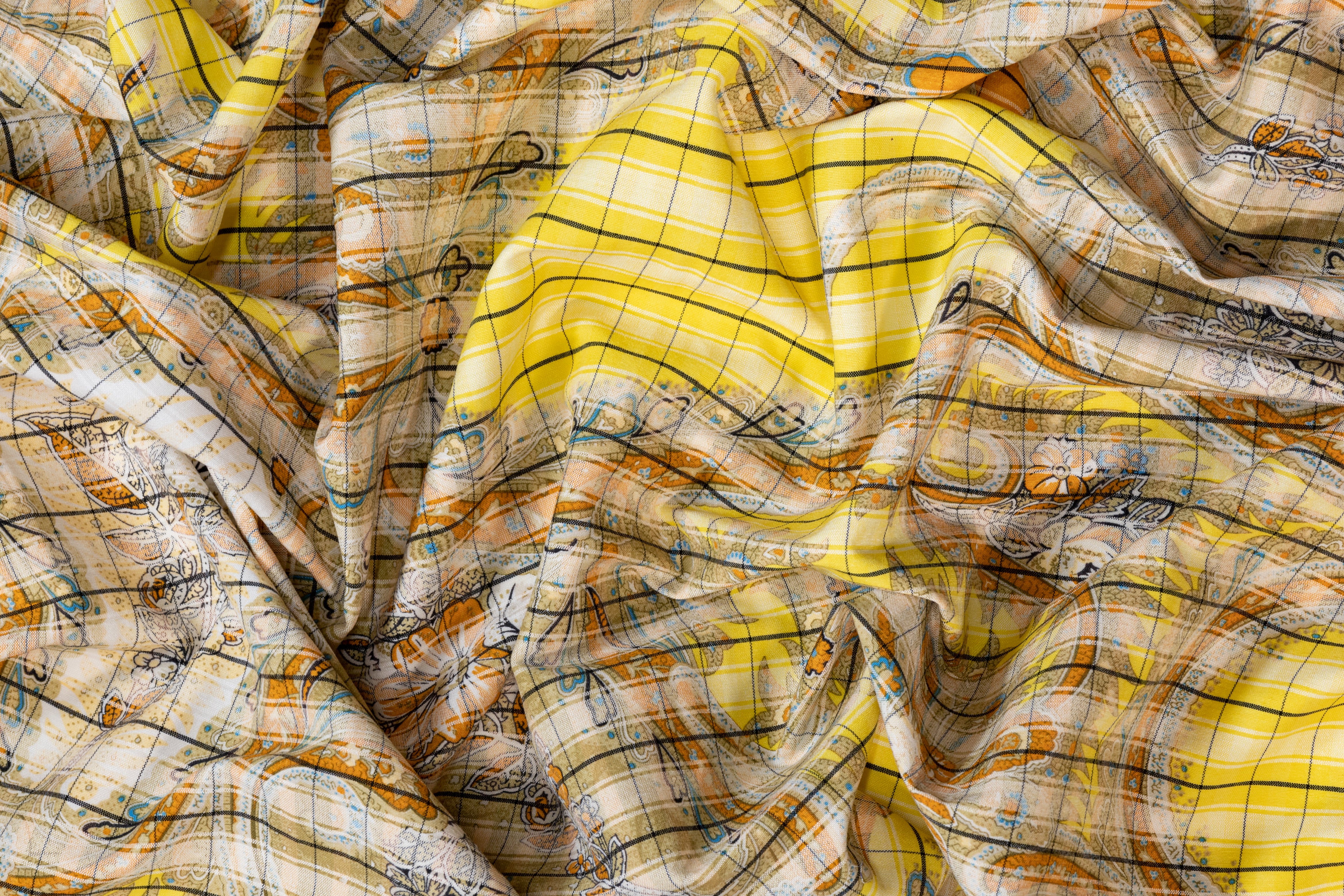 Printed Italian Viscose Faille - Yellow / Burned Orange / Blue / Khaki