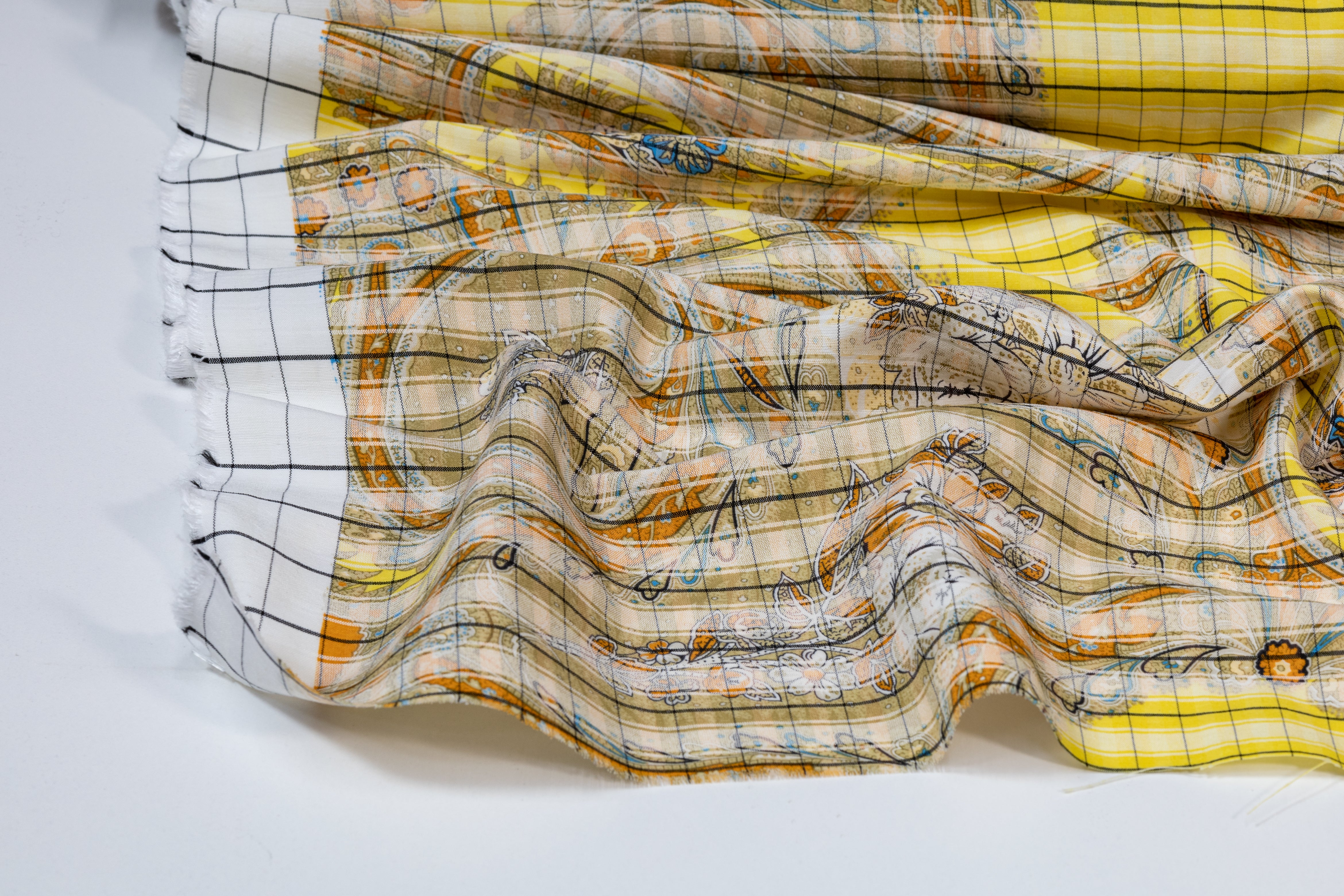 Printed Italian Viscose Faille - Yellow / Burned Orange / Blue / Khaki