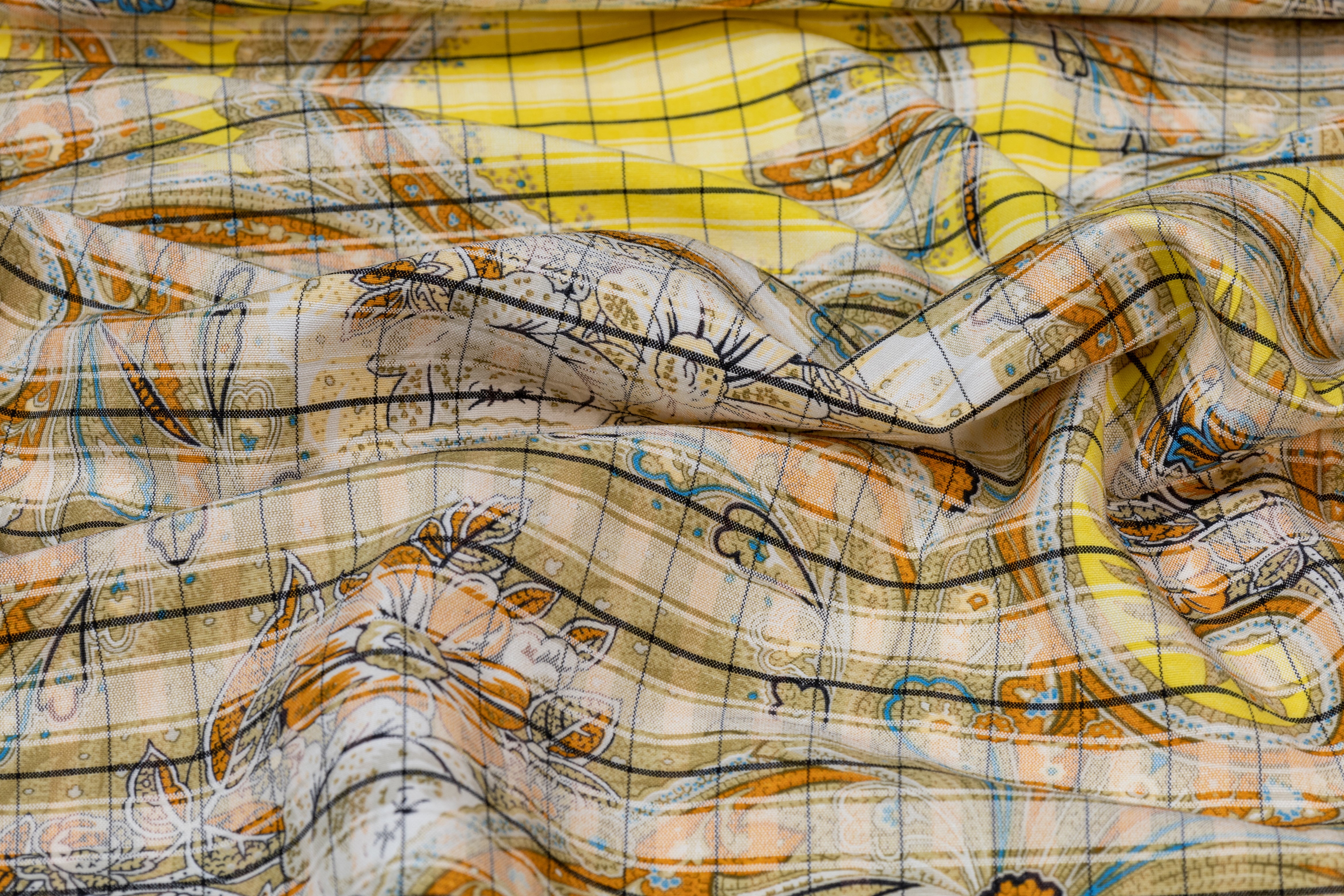 Printed Italian Viscose Faille - Yellow / Burned Orange / Blue / Khaki