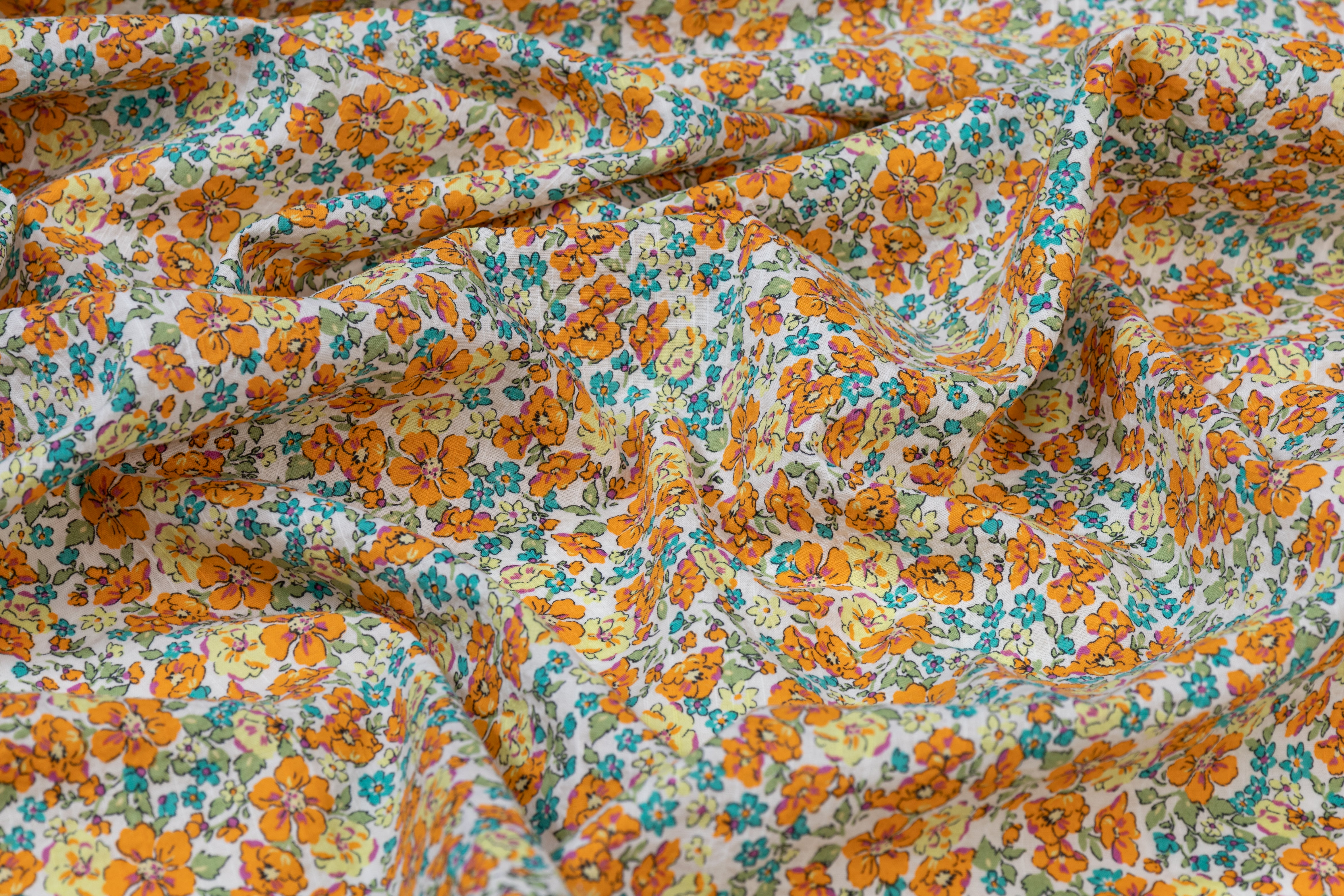 Textured Ditsy Floral Italian Cotton - Blue, Orange, Yellow